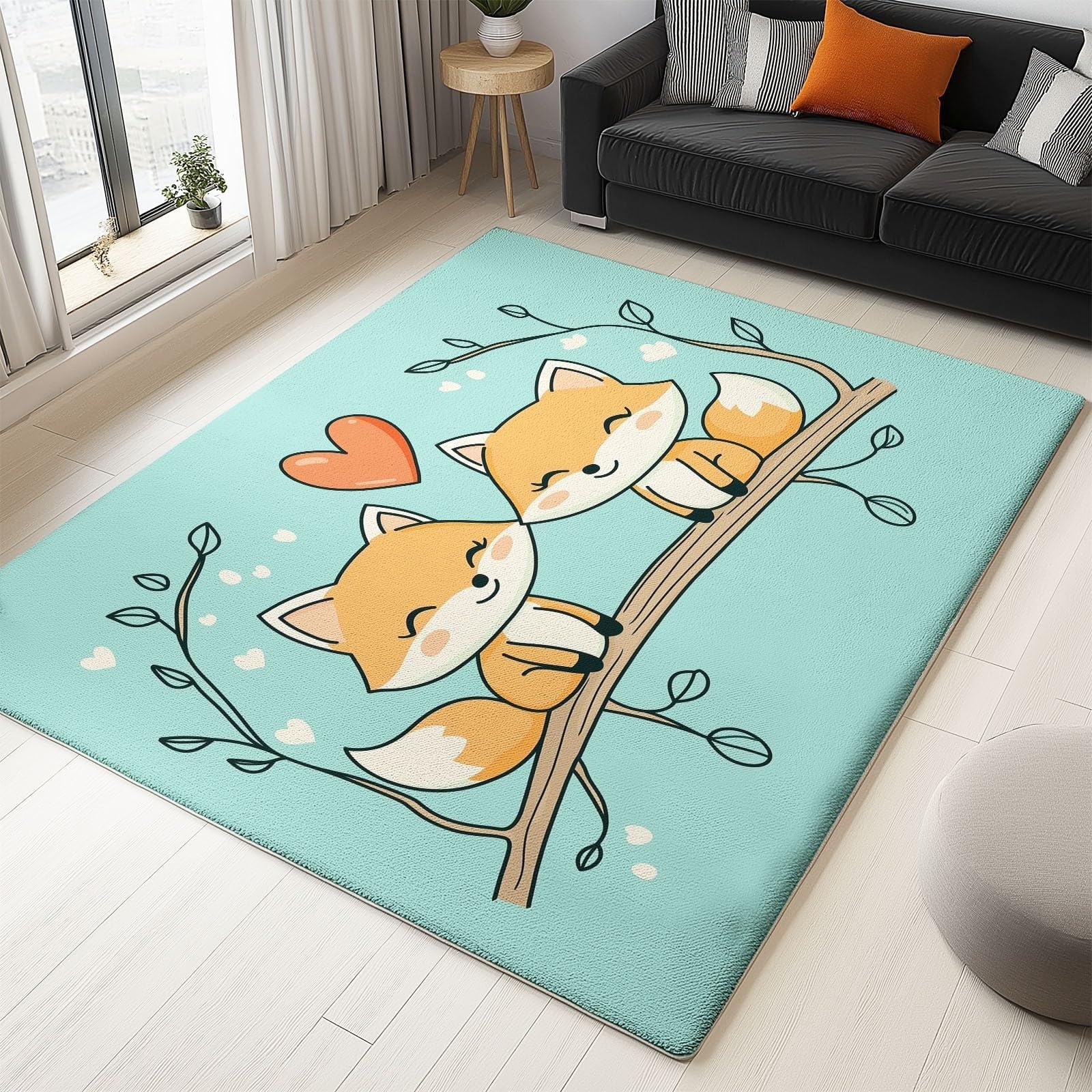 Tapis renard dessin animé vert 160x200cm pour chambre enfant