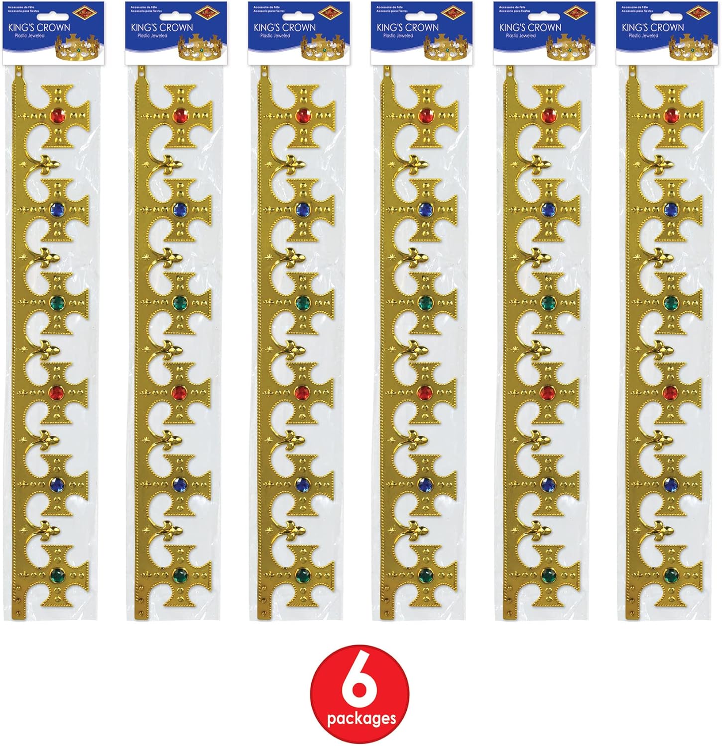Beistle Plastic Jeweled King’s Crowns – 6-Count Gold Adjustable Costume Headpieces with Gems for Medieval Birthday Parties, Stage Plays, Photo Booths, Mardi Gras and Royal Celebrations