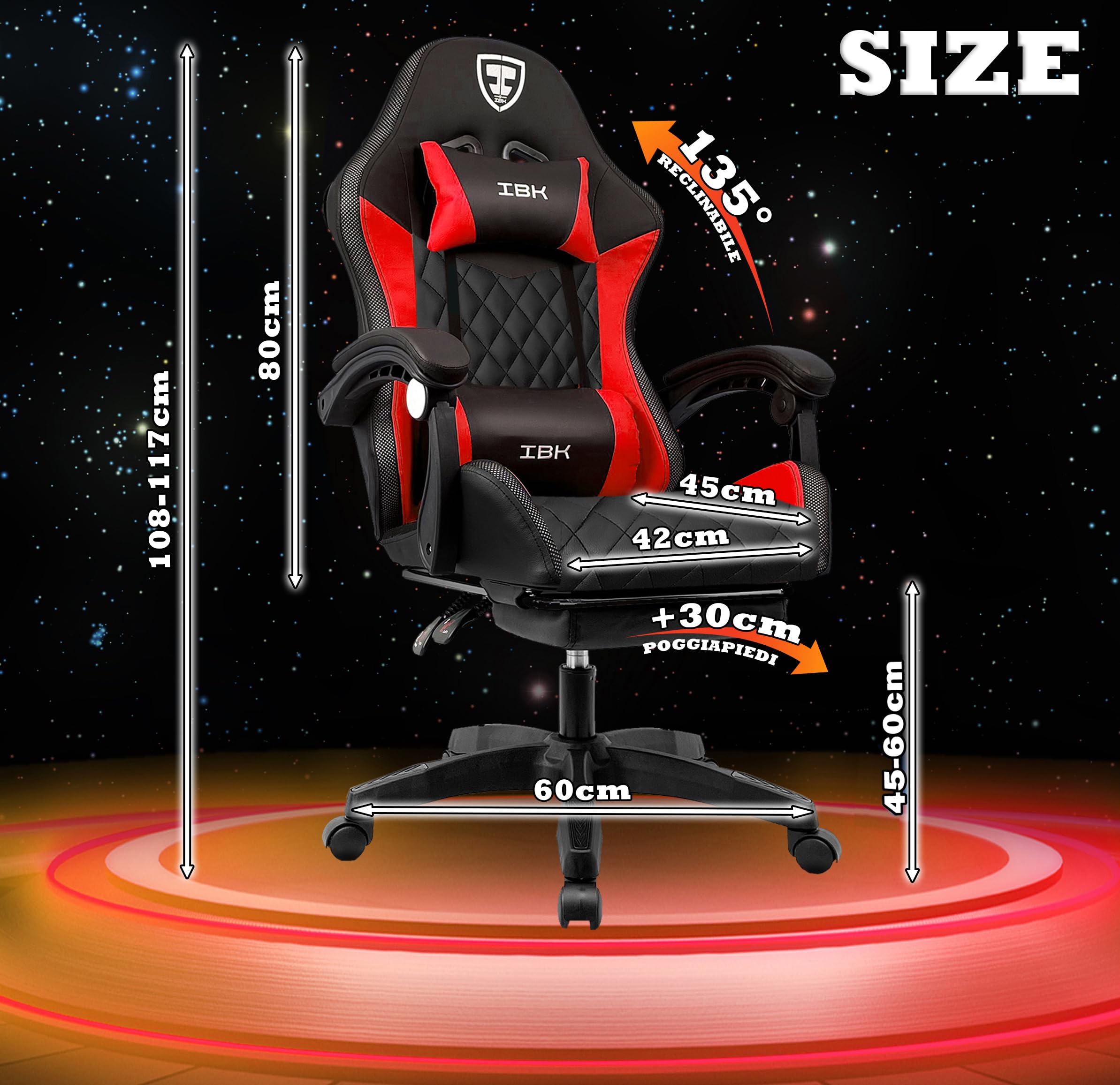 IBK Sedia da Gaming Ergonomica Professionale, similpelle, cuscino supporto lombare, regolabile in altezza, schienale reclinabile, pistone a gas classe 3, Poltrona Ufficio PC (Red)