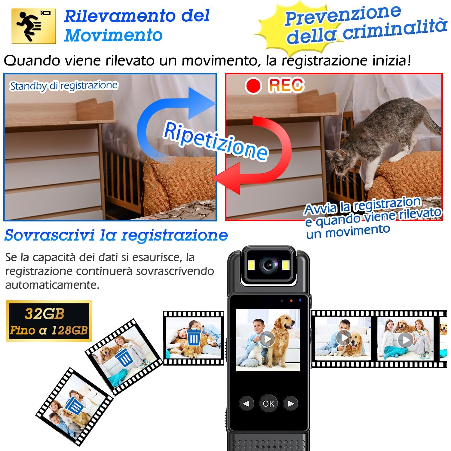 Body Cam 1080P con Audio, Mini Telecamera Portatile con Foto, Rilevamento del Movimento e Visione Notturna, Videocamera di Sicurezza per Uso Personale, Corsa e Lavoro