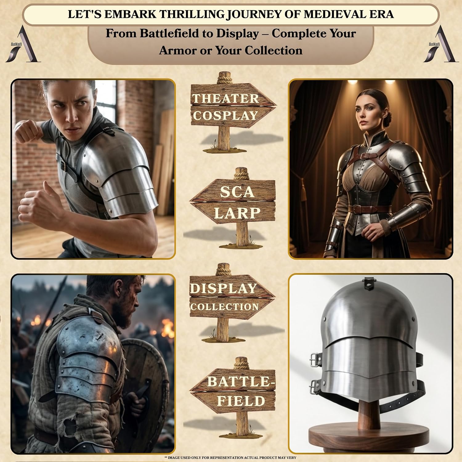 AnNafi® Medieval Shoulder Pauldron Set Pair Plate Metal Armor Steel | Arm Shoulder Pauldrons Set Viking Crusader Costume for Adult men women | Battle Ready LARP, Historical Events, Halloween, Renfair