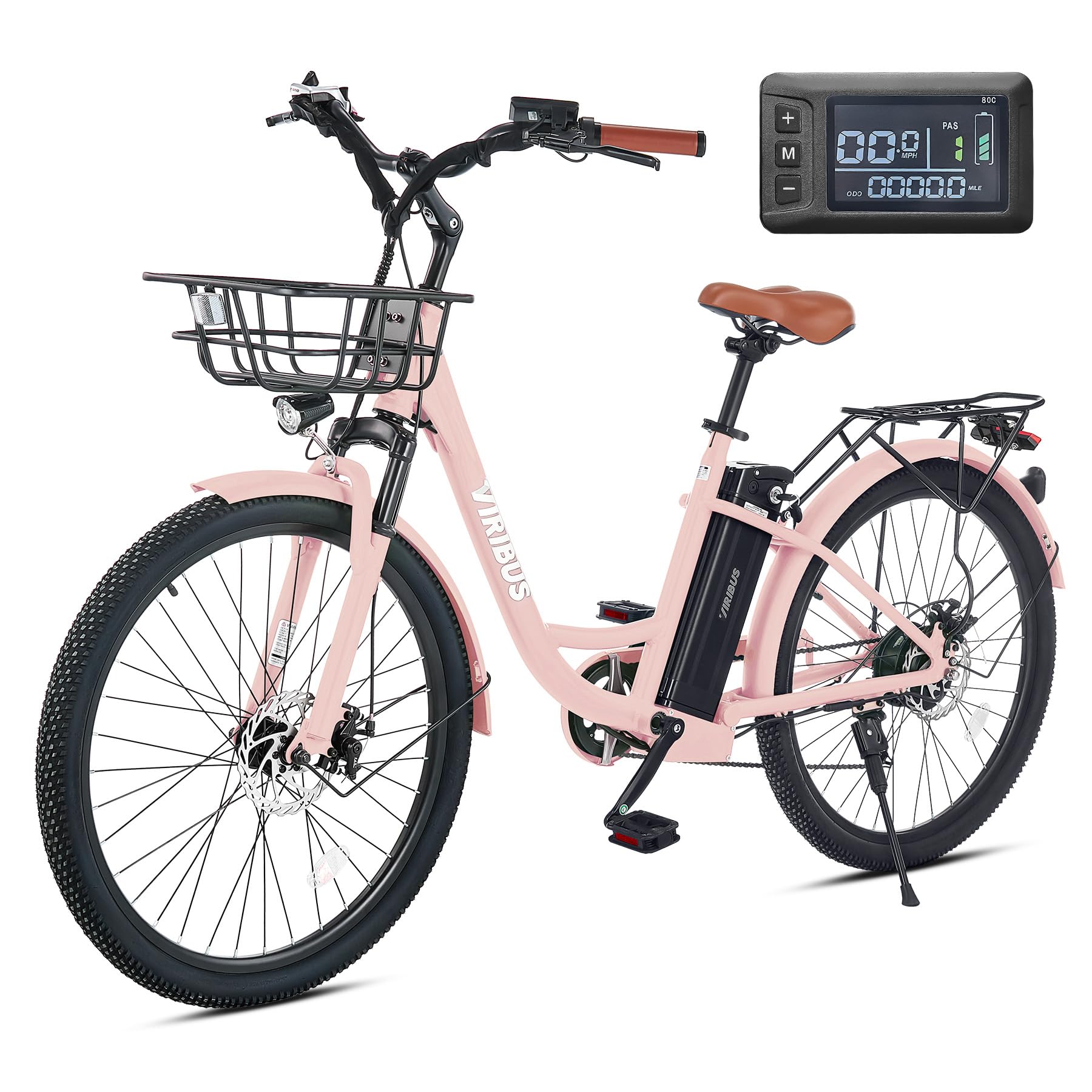 ViribusElectric Bike for Adults, Step Thru 1000 Peak E Bikes Women 25 mph 65 Miles Range with Aluminum Frame, Basket, Suspension & 624Wh Battery, Electric Cruiser Bicycle Female Lady Seniors 26 Pink