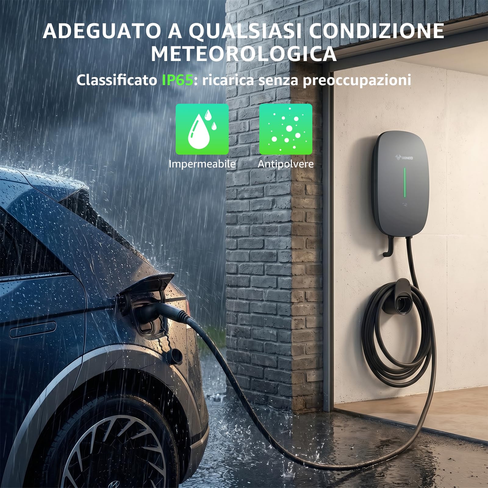 GONEO Wallbox 7kW Tipo 2 con App, Cavo Tipo 2 7M, RFID, Wallbox Monofase 32A 230V, RCD Tipo A 30mA AC + 6mA DC, IK10 IP65, per BEV/PHEV