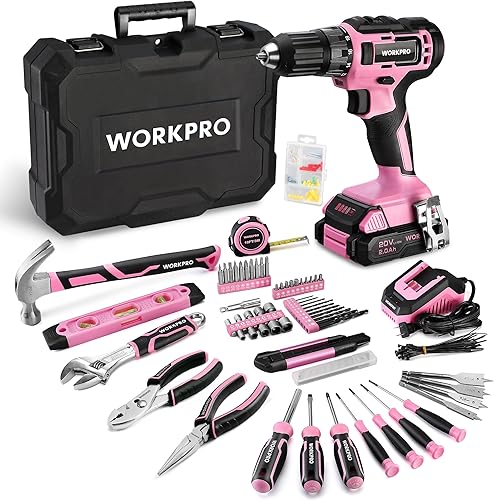 WORKPRO Taladro inalámbrico rosa de 20 V y juego de herramientas para el hogar, kit de herramientas manuales de 141 piezas para bricolaje,