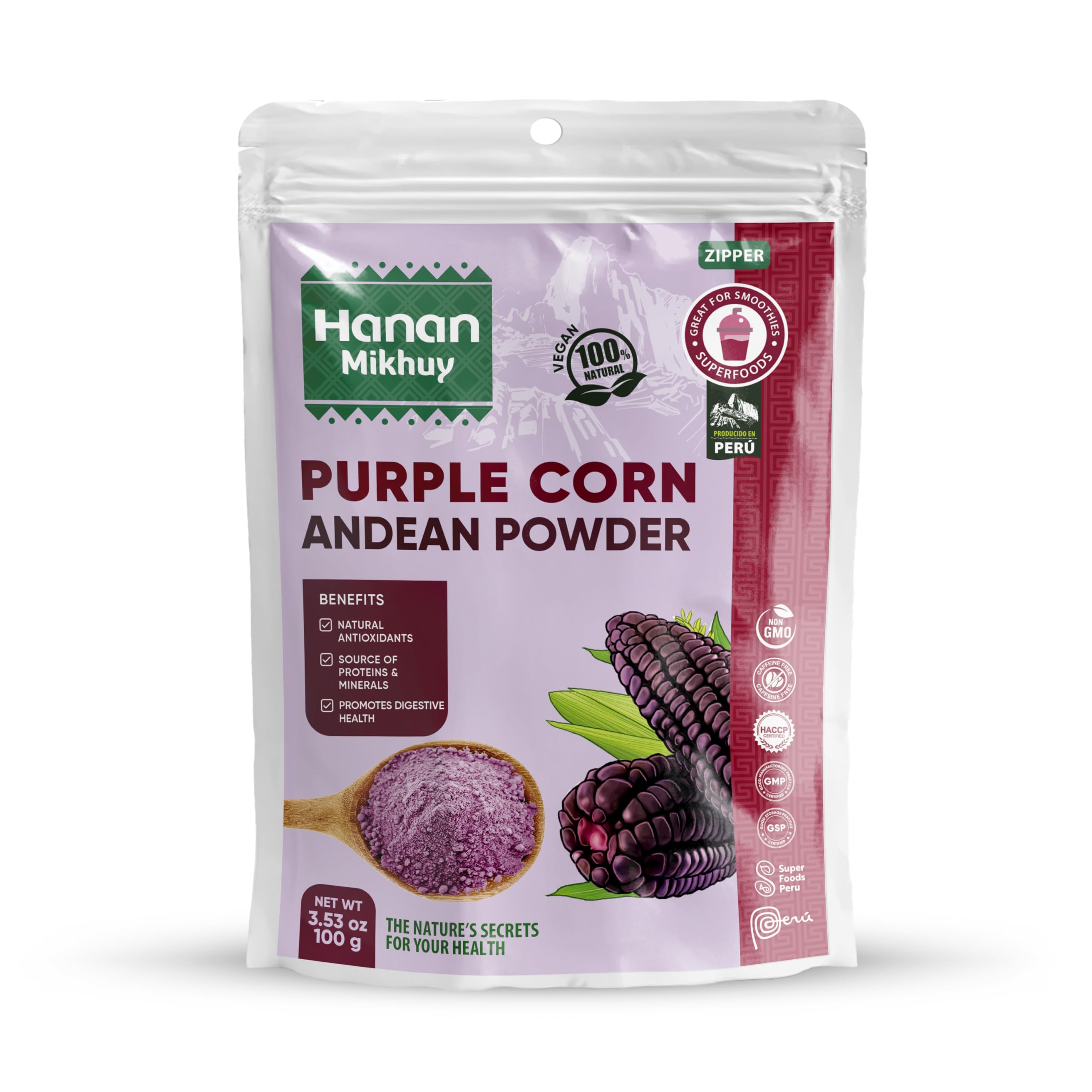 HANAN MIKHUY Maíz Morado 100g - 100% Natural Purple Corn Powder for Digestive Health & Nutrient Absorption Vegan, Non-GMO, Gluten-Free, Keto from Peru