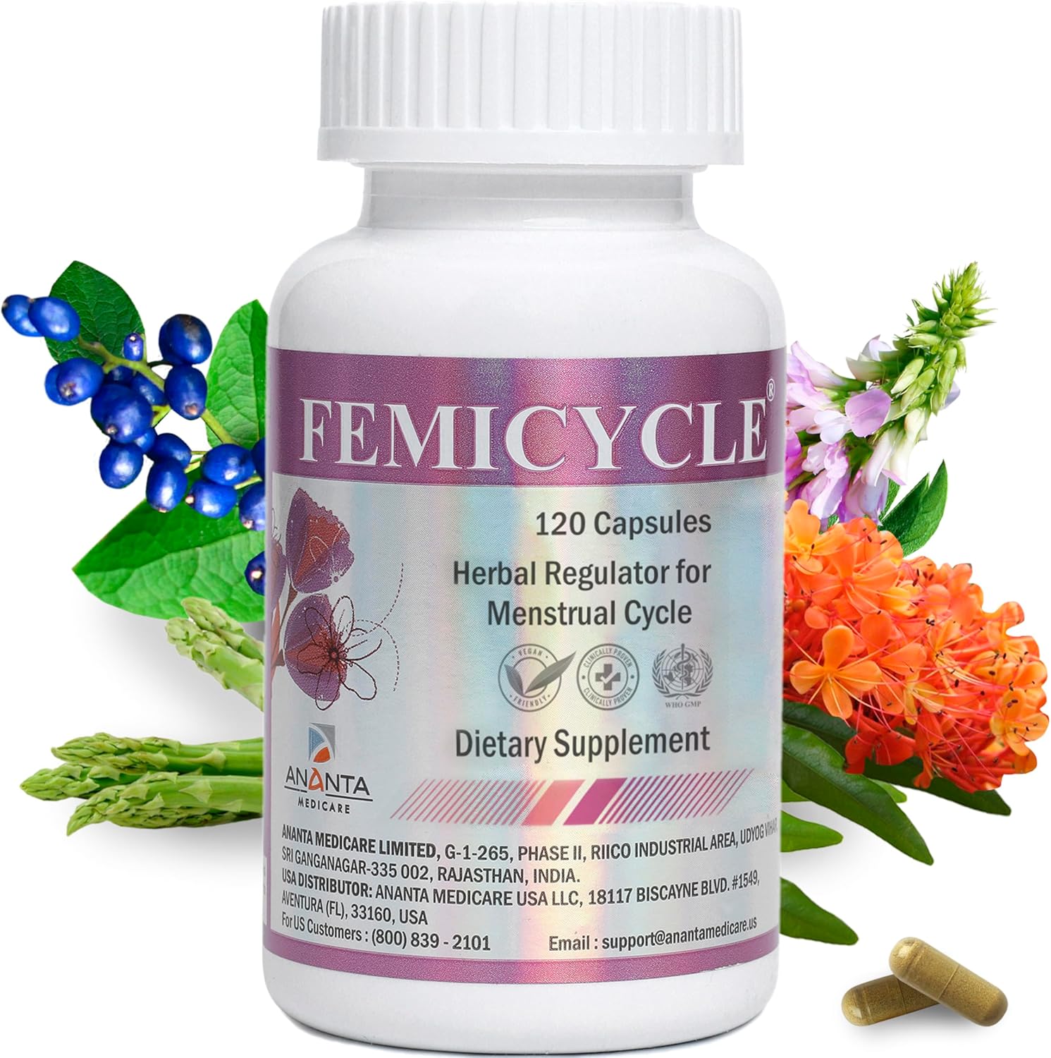 FEMICYCLE Herbal Supplement for Women – PMS, Hormonal & Menstrual Cycle Support – Lodh Tree, Ashoka, Asparagus, Licorice & Turmeric – Period Wellness Formula – 120 Vegan Capsules