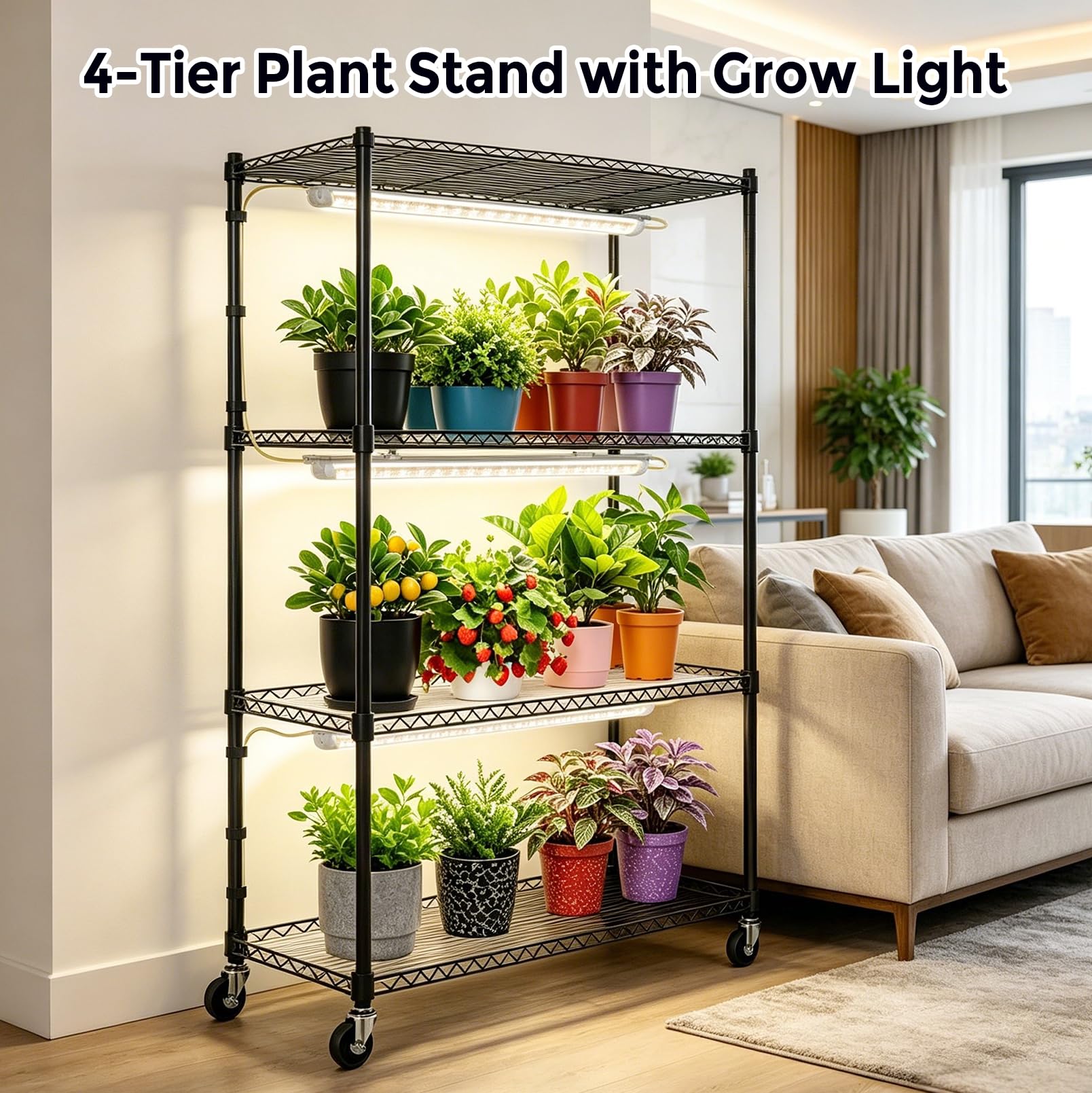 Soporte para plantas de 4 niveles con luz de cultivo, 60 x 35 x 120 cm. | estante metálico para plantas con luces de cultivo T8 de espectro completo de 36 W