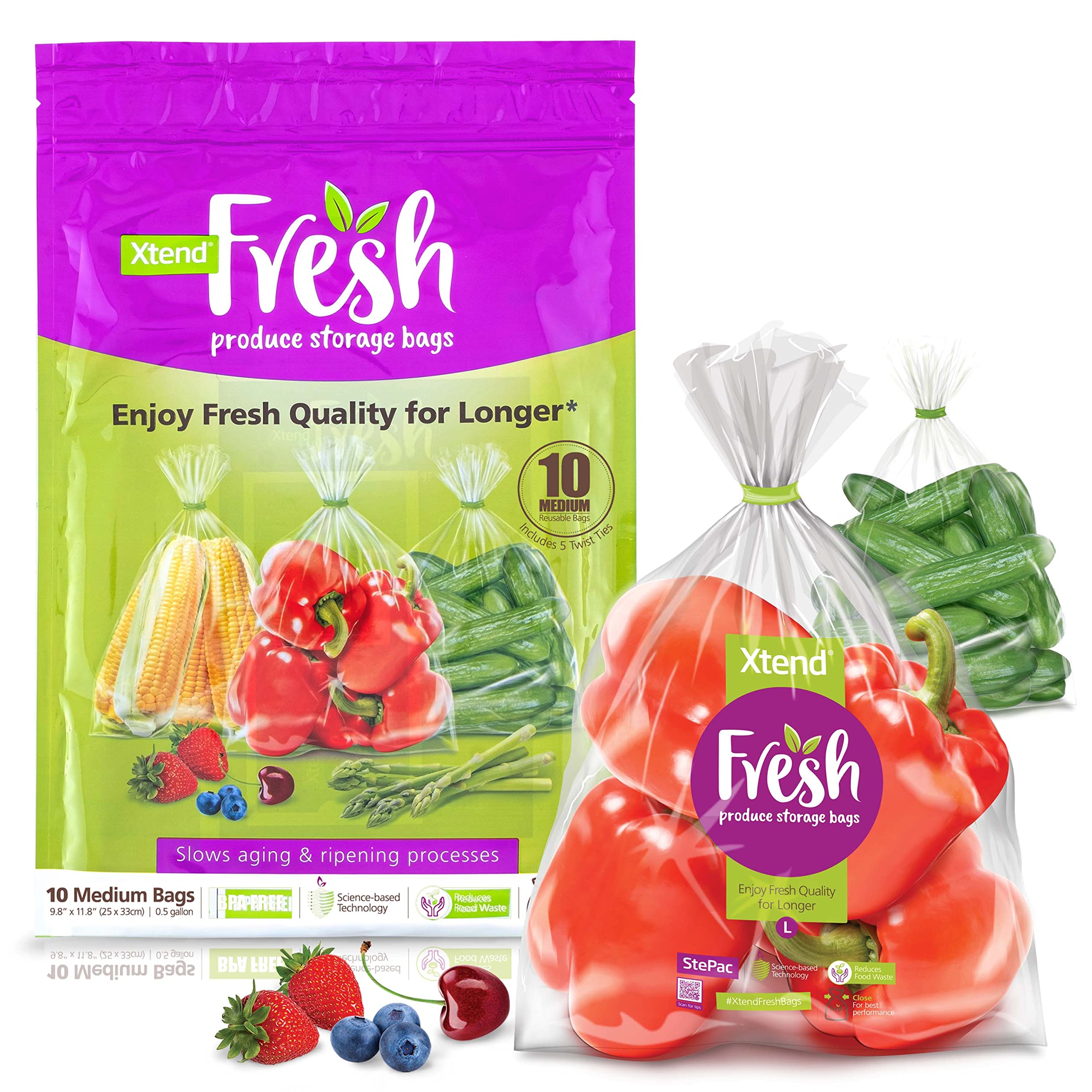 Fresh Produce Bags for Fridge Storage, 10 Reusable Bags (Medium size 0.5 gallon), Science Based Technology Keeps Fruits, Vegetables, & Herbs Fresh Longer