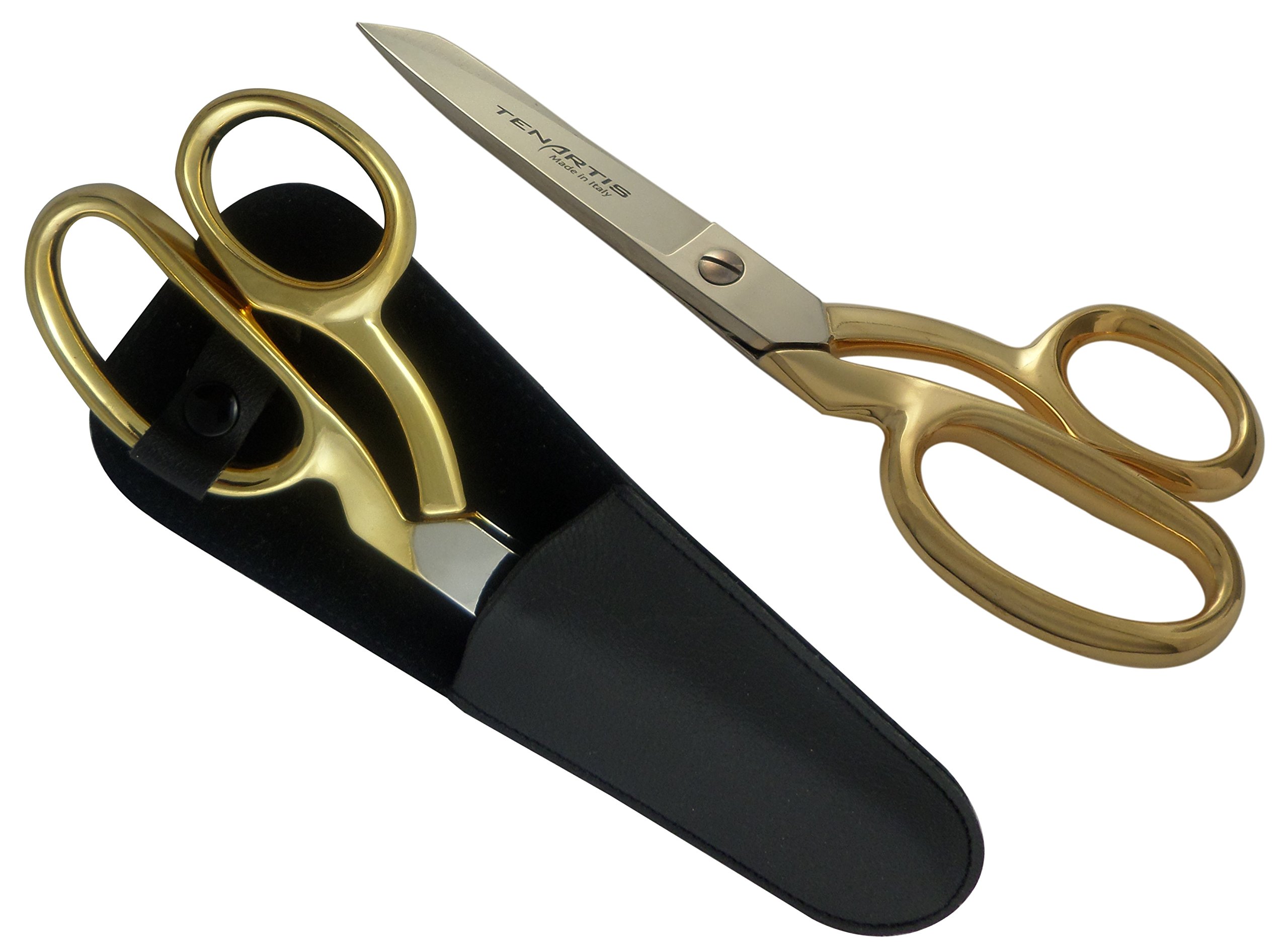 Tenartis Gold With Black Scabbard 377 8" Fabric, Dressmaking, Sewing Scissors, Gold-Plated With Black Scabbard - Made In Italy