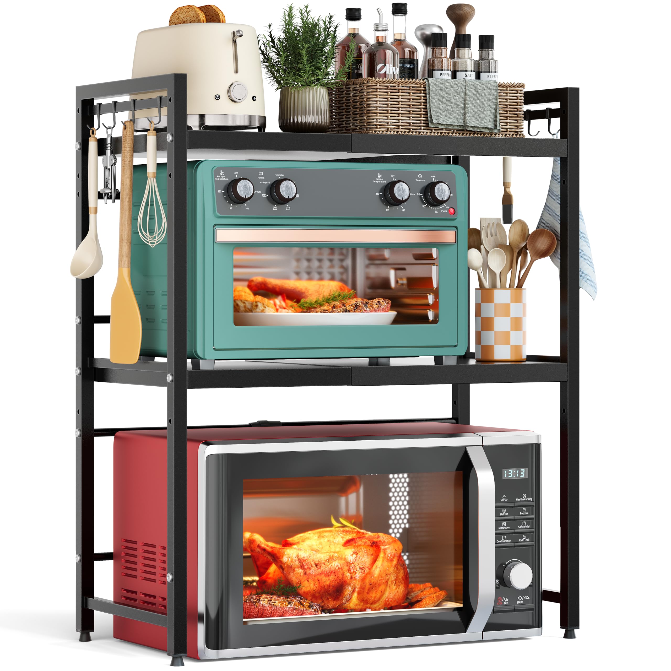 NETEL Extendable 3 Tier Microwave Stand, Adjustable Countertop Microwave Shelf, Kitchen Oven Stand, Shelf Kitchen Countertop, Microwave Organizer with 8 Hooks, Black