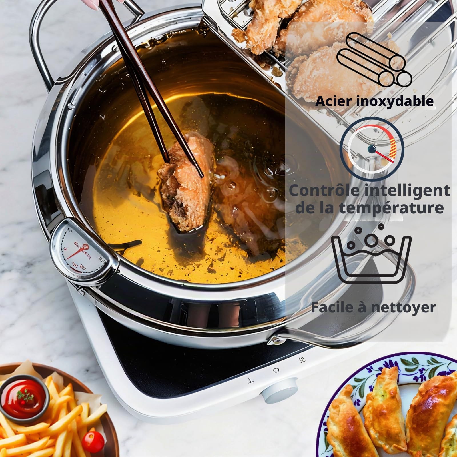 Qivine Friteuse Huile Japonaise Pot de Friteuse Tempura avec Thermomètre Tempura en Acier Inoxydable avec Grille de Vidange Amovible Pour Frire Poulet Français Poisson Sec (24 cm)