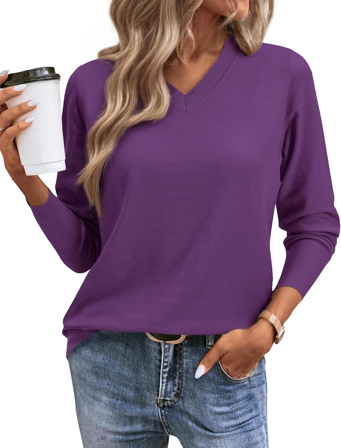 Women's Spring Sweaters 2026 Casual Long Sleeve Pullover V Neck Lightweight Sweatshirts Cute Blouse Tops