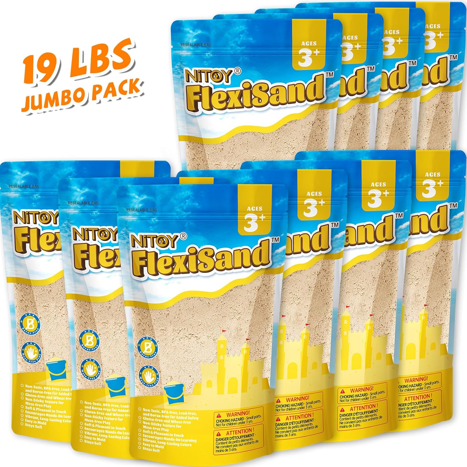 NiToy FlexiSand 19 lbs Value Pack of Moldable Self-Sticking Sand, Never Dries Out Fun for 3 Years and Up Kids, Bulk Refill for Sensory Sand Box Toys, Ideal for Shaping and Molding (Original Color)