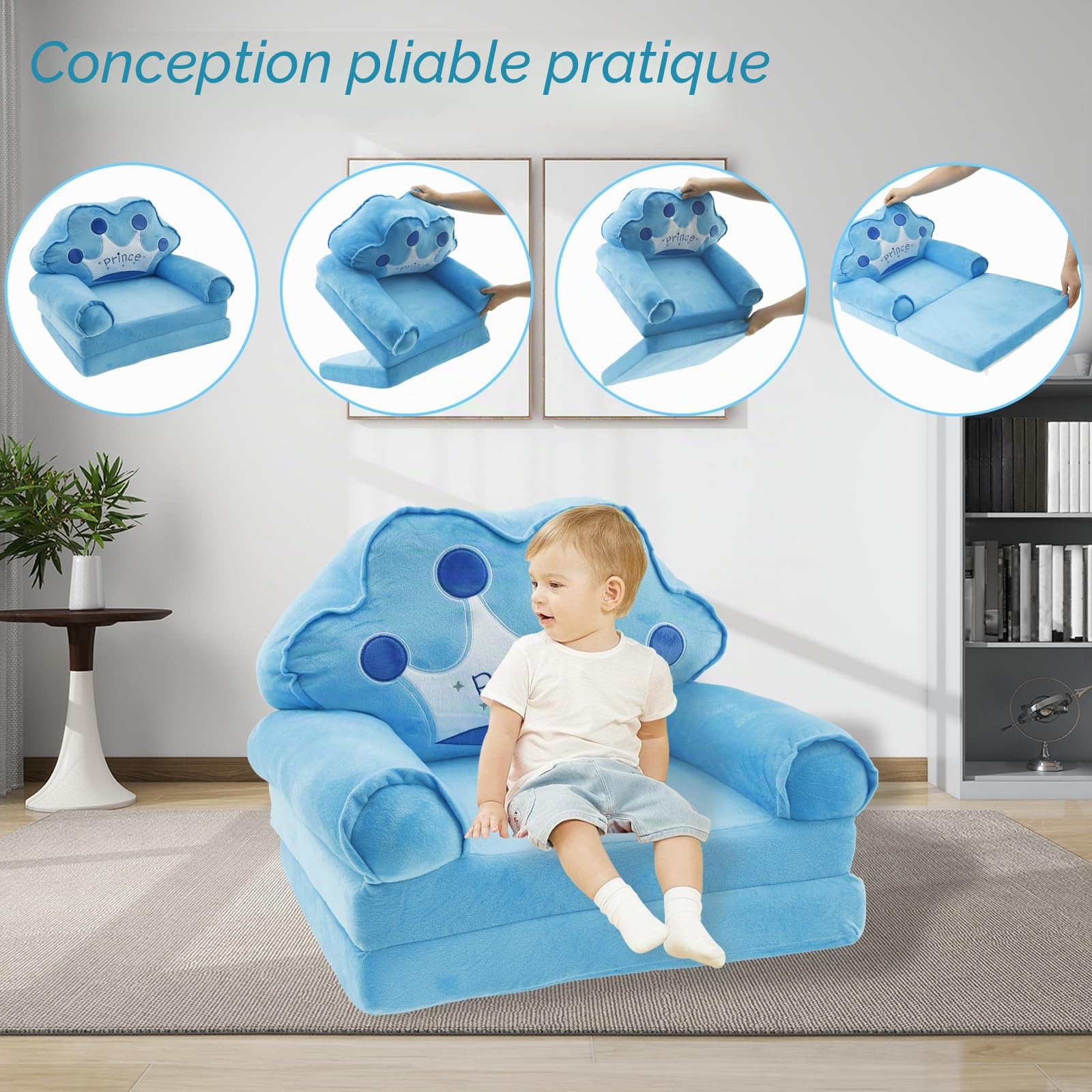 Canapé pour Enfants, Chaise pour Petits Enfants 2-en-1 avec Poignée, 80×50 cm, Fauteuil de Salon Pliable pour Bébé, Canapé de Jeu Transformable en Chaise Longue pour Filles et Garçons de 1 à 4 Ans