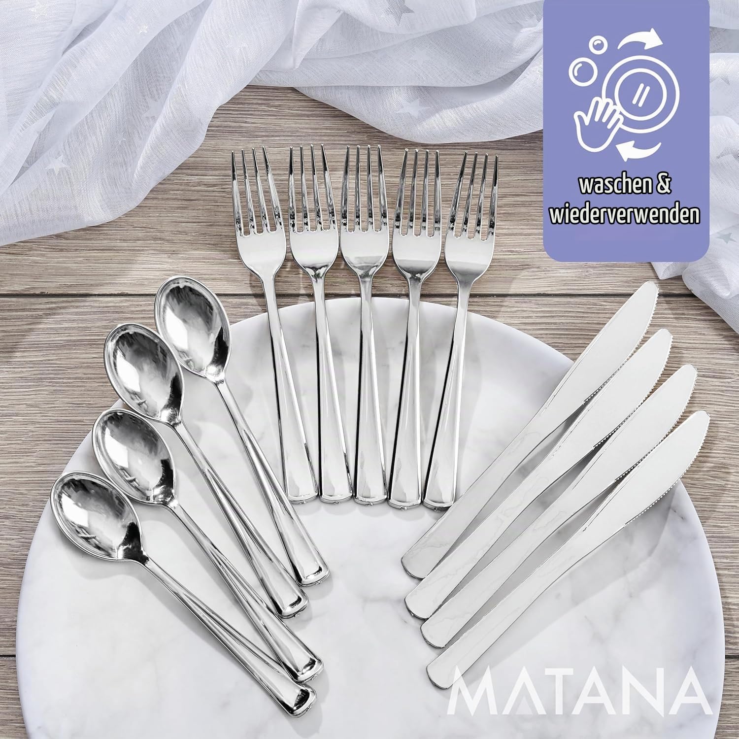 MATANA 360-teiliges wiederverwendbares Silber-Kunststoffbesteck – Messer, Gabeln & Löffel – Handwäsche & Wiederverwendung – BPA-frei – Für Hochzeiten, Geburtstage & Events