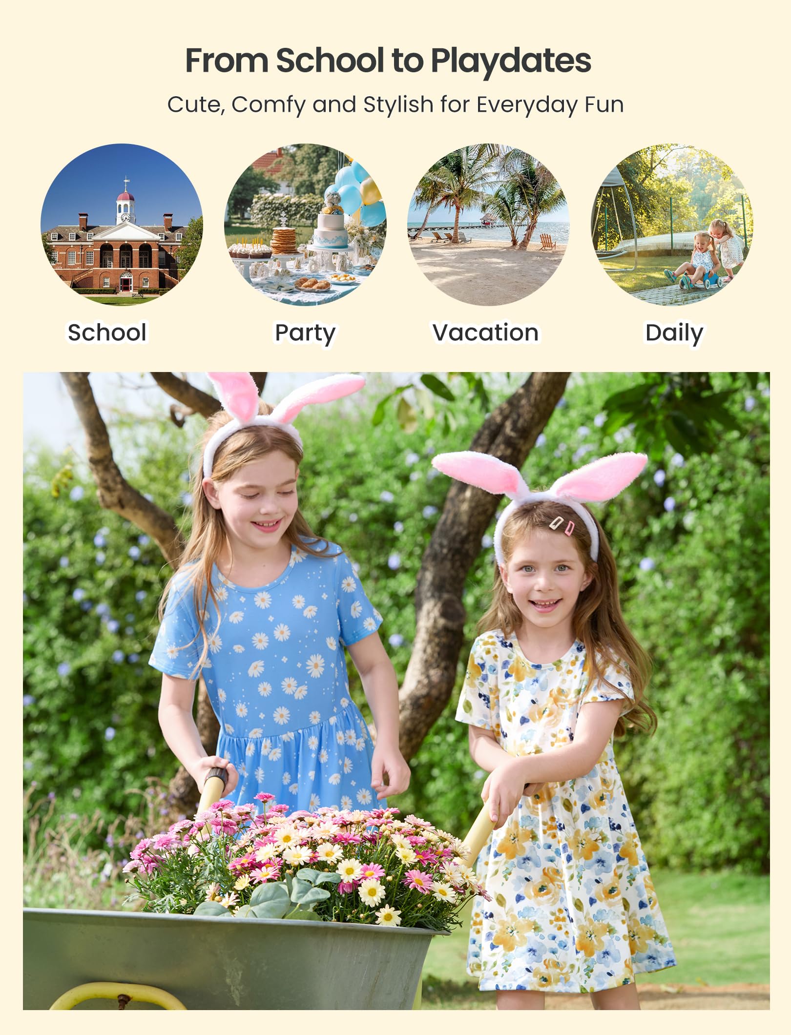 PATPAT Set di Vestiti per Ragazze, Confezione da 3 Abiti Estivi con Maniche Corte e Volant in 3 Stampe Diverse, Feste di Compleanno, Banchetti, Vacanze, Abiti da Principessa per Ragazze, 2-7 Anni