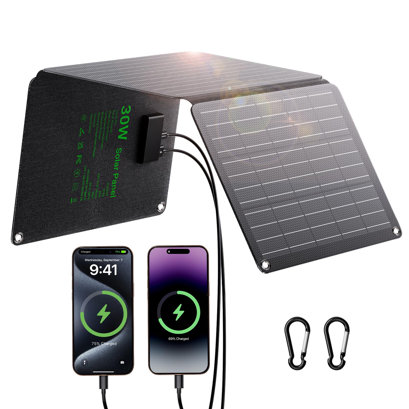 30W Solarpanel Faltbar, Tragbares Outdoor Solar Ladegerät IP67 Wasserdichtes mit 3 Anschlüsse (USB-C+USB-A+DC) für Outdoor Camping, Smartphone, Mobile Powerbank