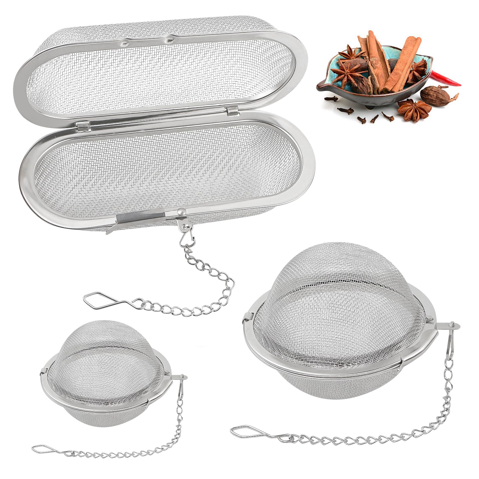 3 unidades de huevos de especias de acero inoxidable con cadena, colador de especias para cocinar té suelto, bola de especias, 3 tamaños de huevo (elíptico, circular)