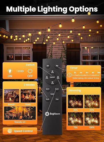 Brightown 108FT Solar String Lights Outdoor with Remote and 52 LED Shatterproof Bulbs, Dimmable & Timable, 3 Light Modes, Solar Patio String Lights Outdoor for Cafe, Garden, Deck, Outside Wedding(75FT)