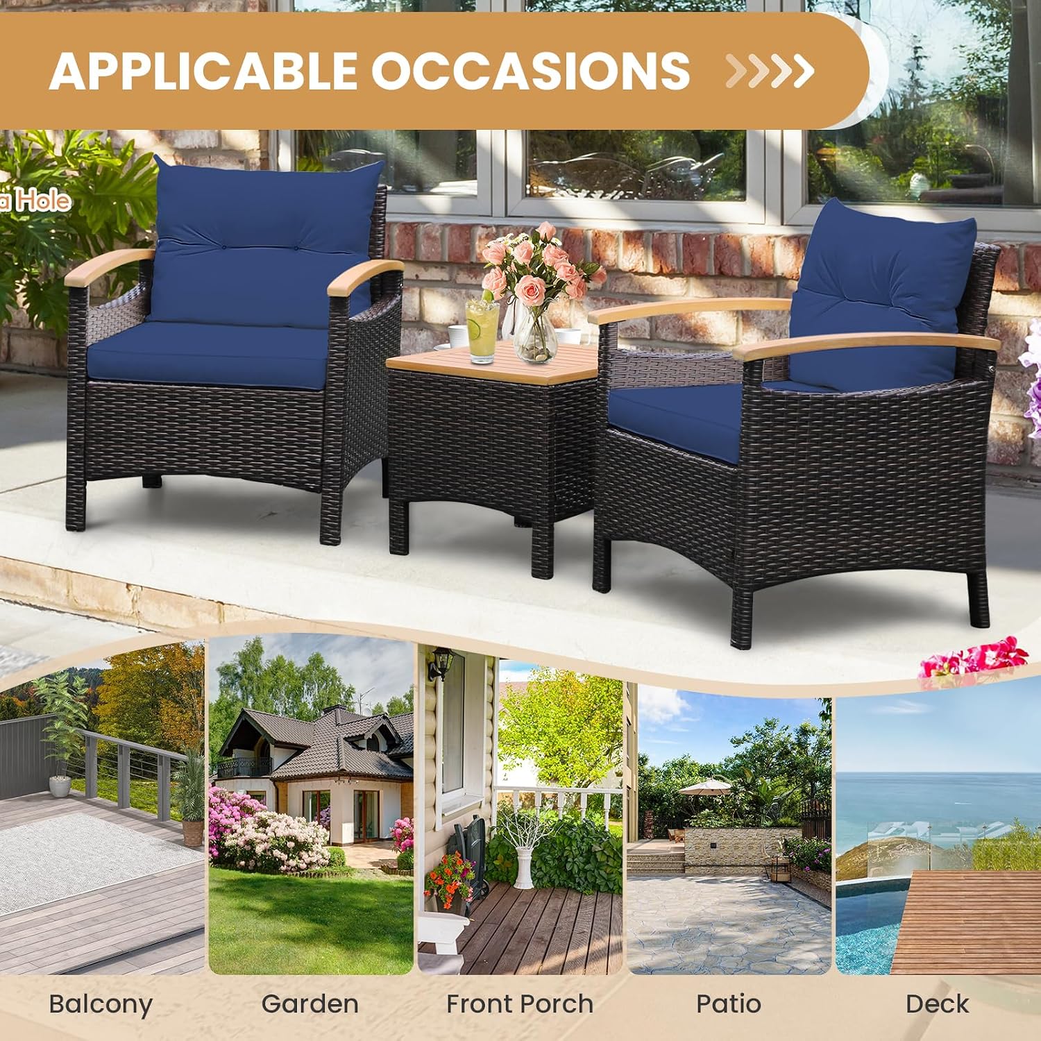 ORALNER 3 Pieces Patio Furniture Set, Outdoor Wicker Conversation Chairs with Soft Cushions, Acacia Coffee Table, Rattan Bistro Set for Balcony Garden Deck Front Porch Poolside (Navy Blue)