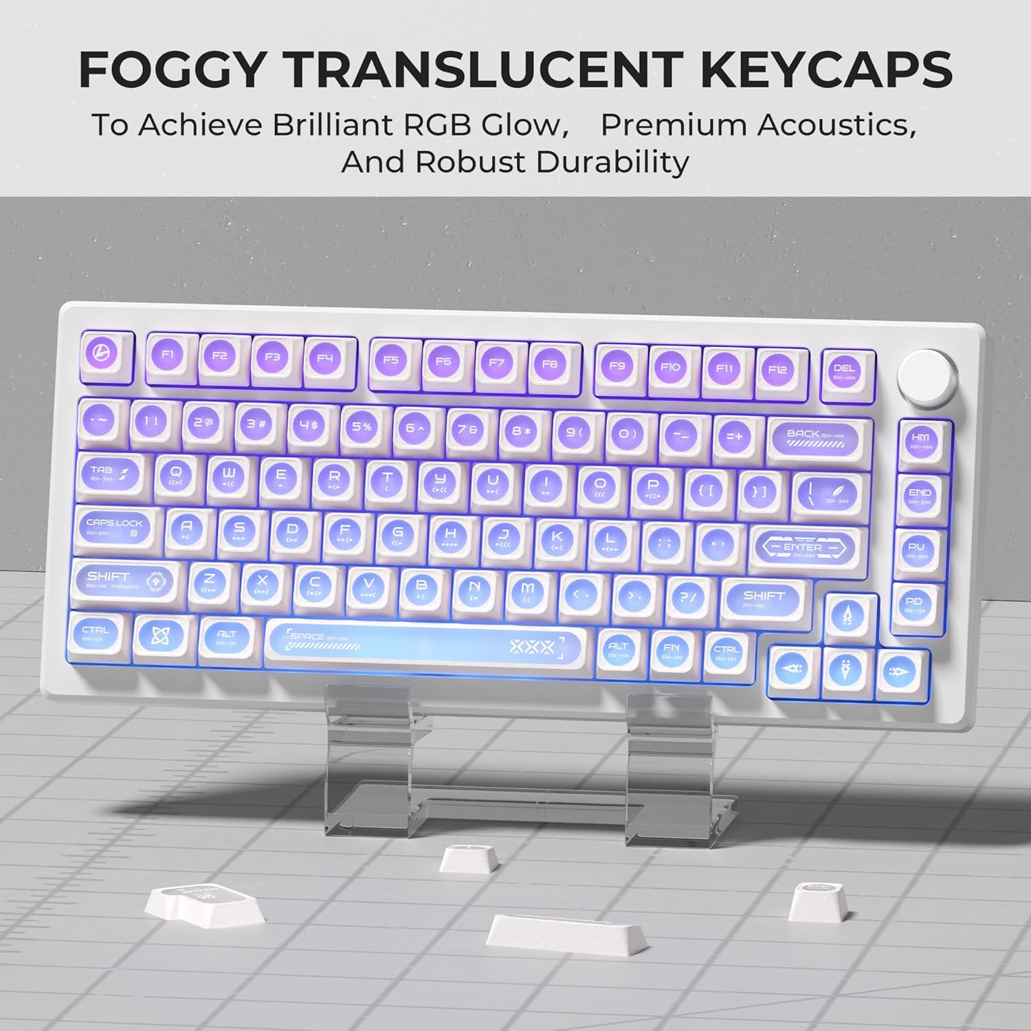 OHY XVX White Shine Through Keycaps for Mechanical Keyboards - 136 Keys White Translucent Cat Eye Design,Cherry MAX Profile, PC+PBT Frosted RGB Keycaps