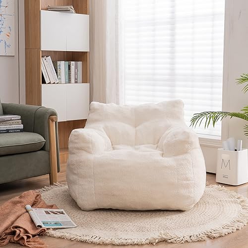 Miniatura 4 de Puf mediano de tela de peluche con brazos para adultos, sofá individual de tela para sala de estar, dormitorio, oficina (blanco)