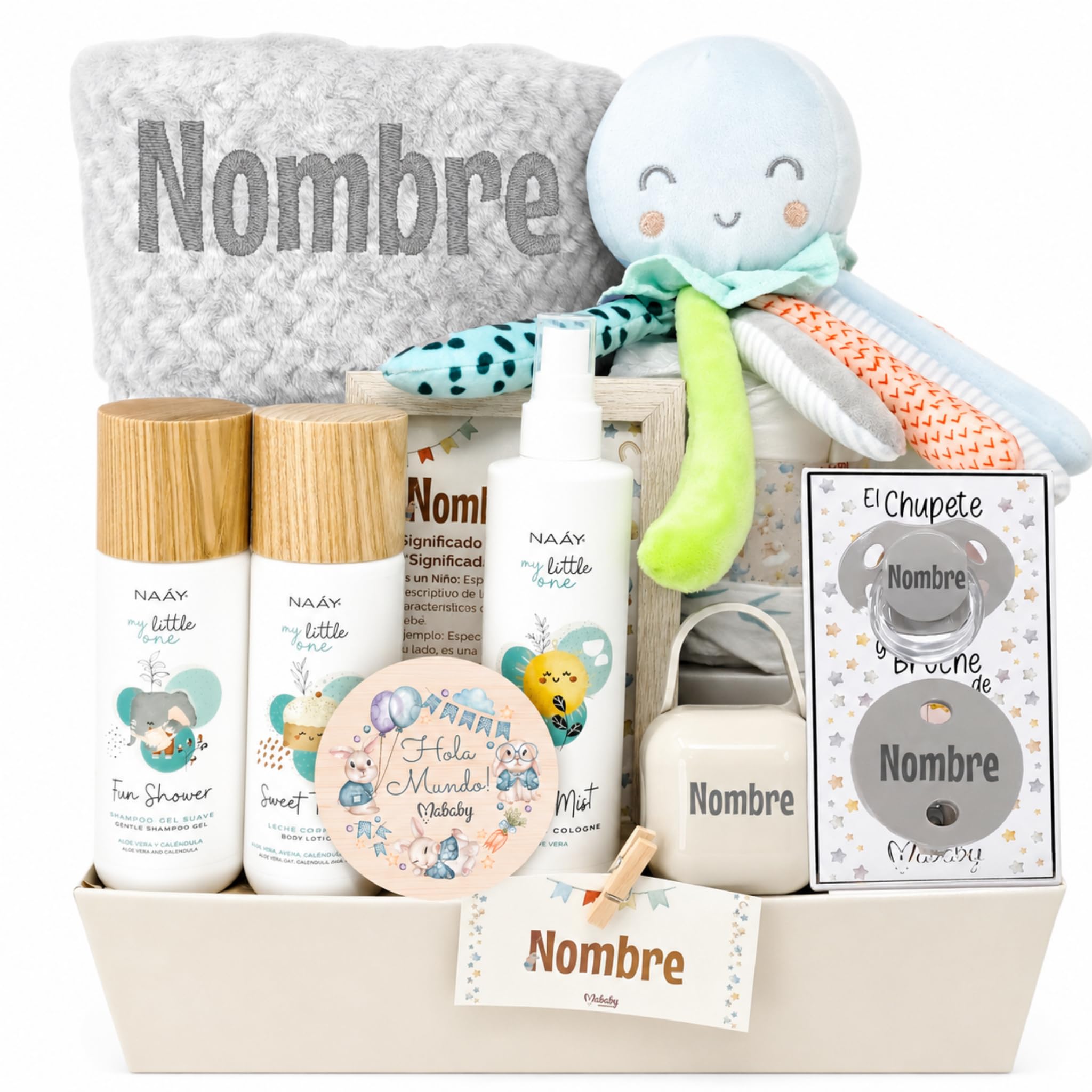Canastilla Bebé Personalizada Pop!, Regalo Recién Nacido con Manta Bordada, Set Chupete Personalizado, Peluche Pulpo y Cosmética Bebé (Gris)