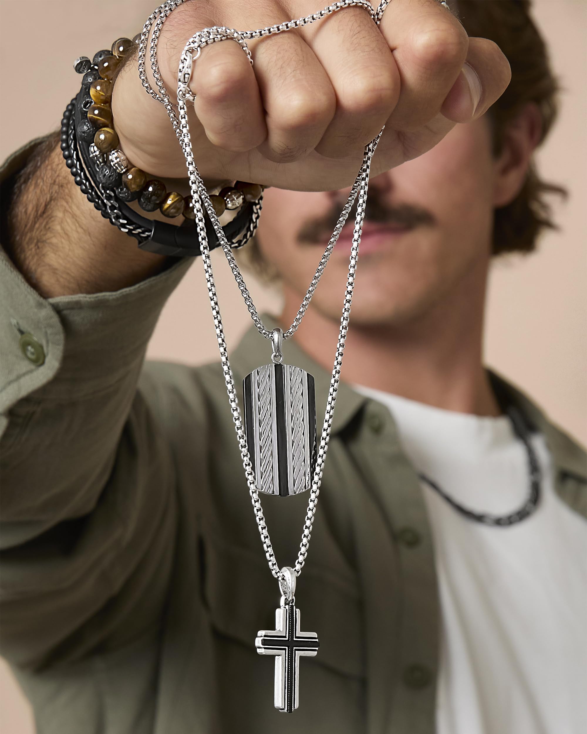 Lucky Brand Stainless Steel Cross Necklace for Men 24", Two-Tone Pendant Necklace