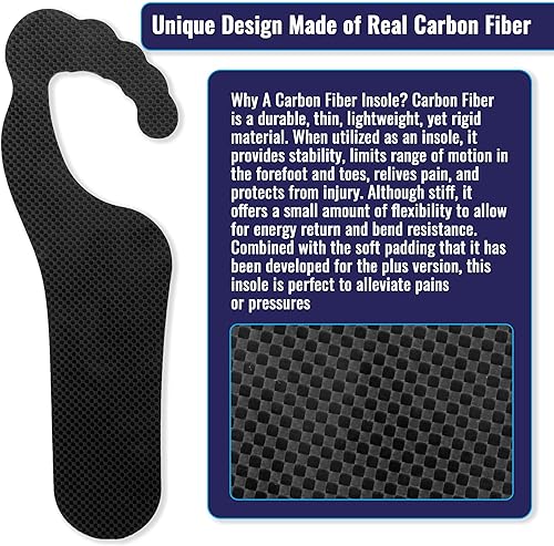 Miniatura 3 de Plantilla de fibra de carbono Ergo Plus, rígida con acolchado para hombres y mujeres (tallas M 9-12 y W 7-9) alivia los neuromas de Morton, Hallux