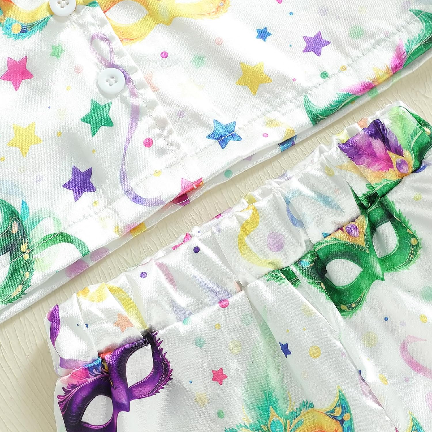 Kids Mardi Gras Pajamas Toddler Girl Satin Pajama Lobster/Mask Print Feather Trim Button Tops Pants Silk Pj Sleepwear - Image 5