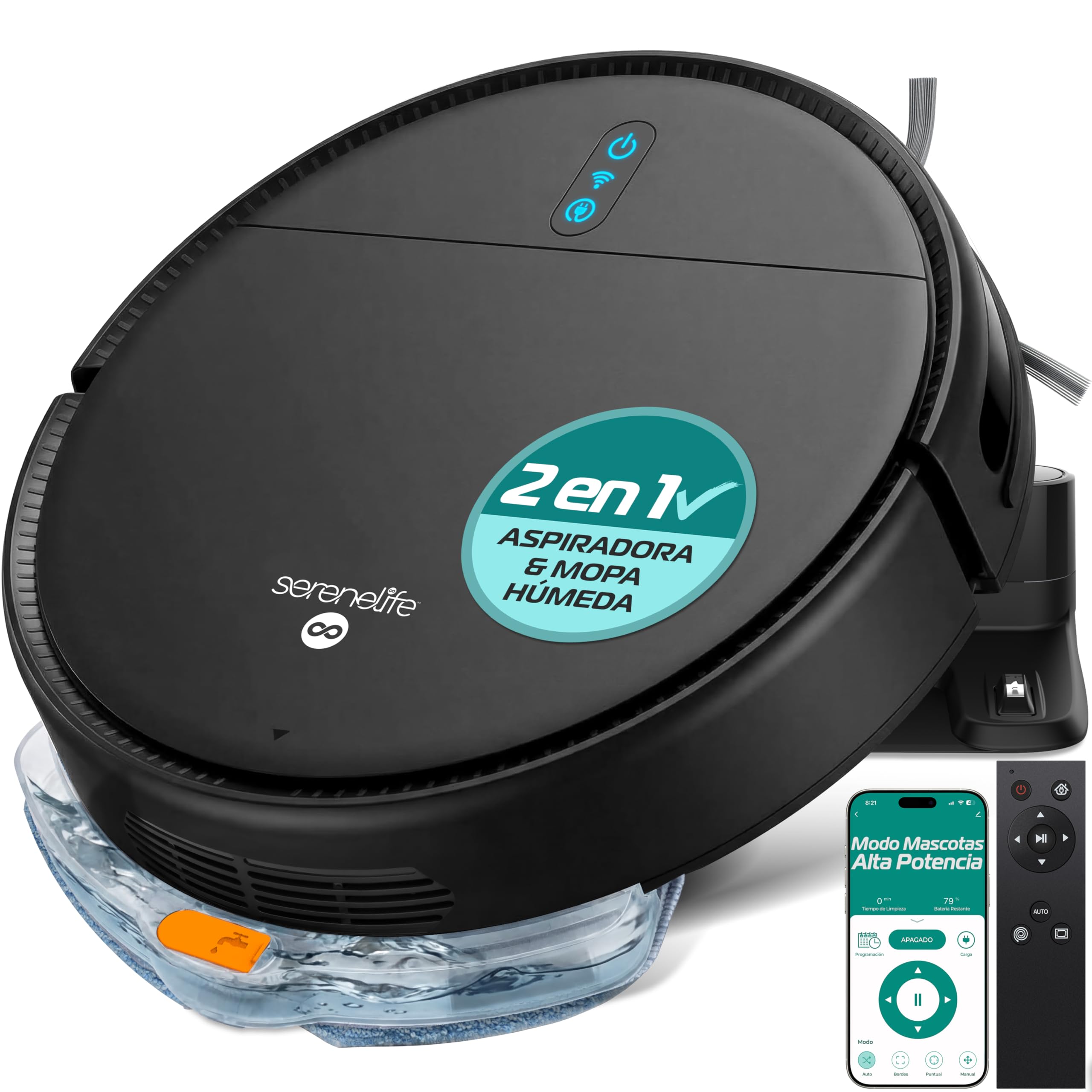 SereneLife Robot aspiradora y mopa Inteligente automática, Control por aplicación, 3 Modos de Limpieza, Autocargable, Succión de 700Pa, Ideal para Pelo de Mascotas, alfombras y Suelos Duros