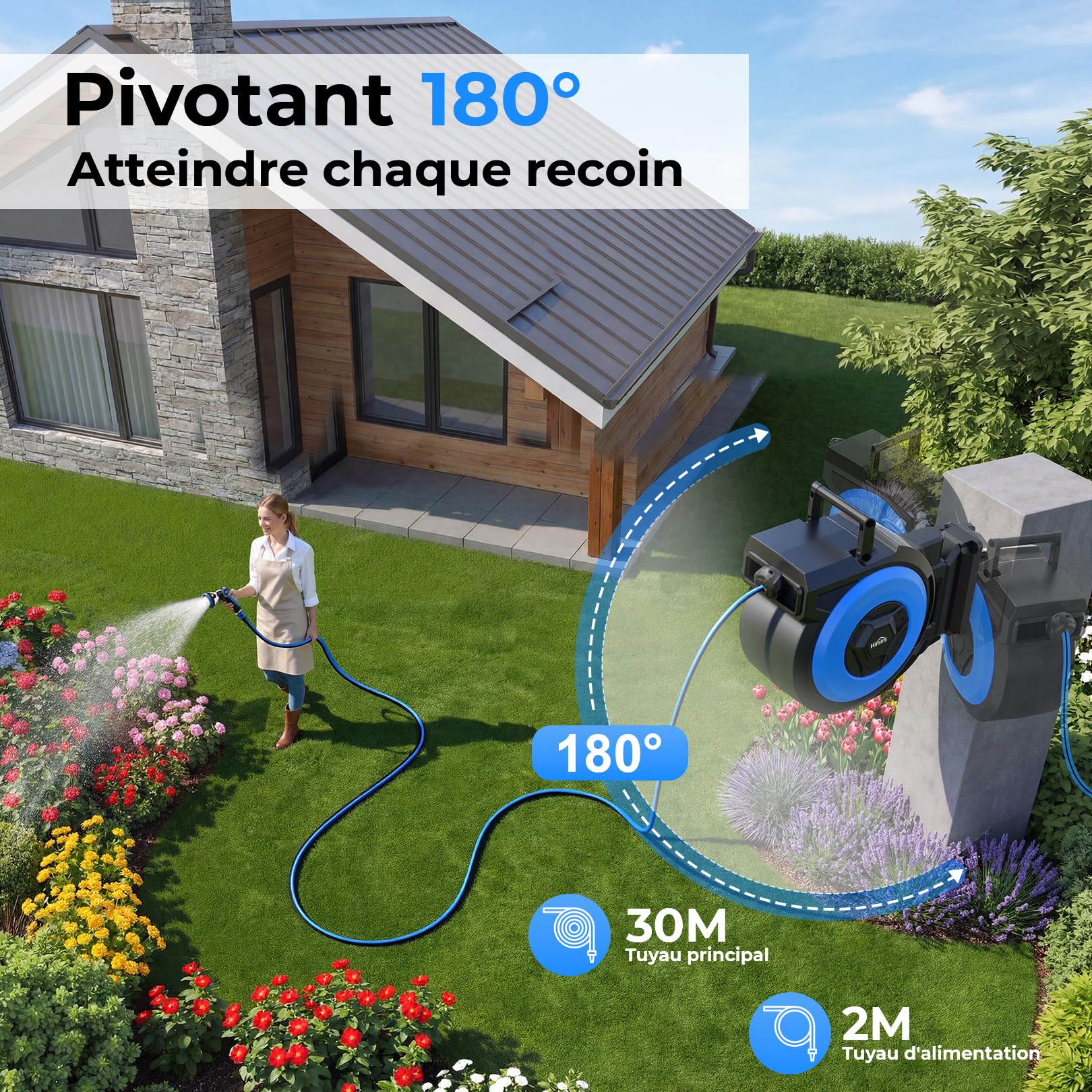 Himimi Enrouleur Tuyau d'Arrosage Rétractable 30m + 2m Mural Automatique, Enrouleur Auto-Rewind avec Pistolet Pulvérisation 10 Fonctions, Pivotant 180° pour Nettoyage & Arrosage Jardin | Rétractable, montage mural, enroulement automatique
