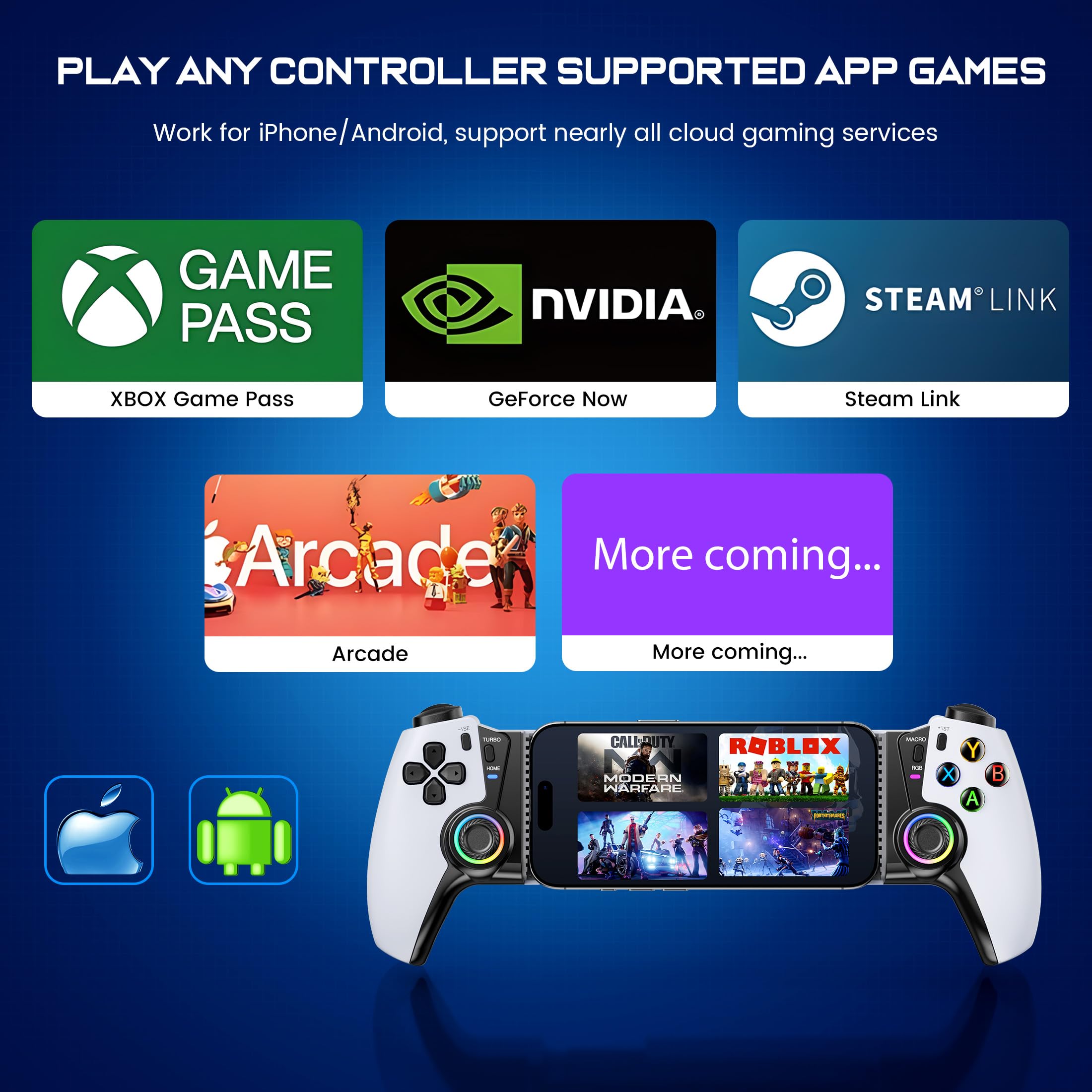 KICKDOT Controller wireless per iPhone/Android/iPad mini con joystick Hall, controller di gioco mobile a LED per iOS Supporto Xbox Cloud, Steam Link, GeForce Now, Arcade, Call of Duty, Roblox