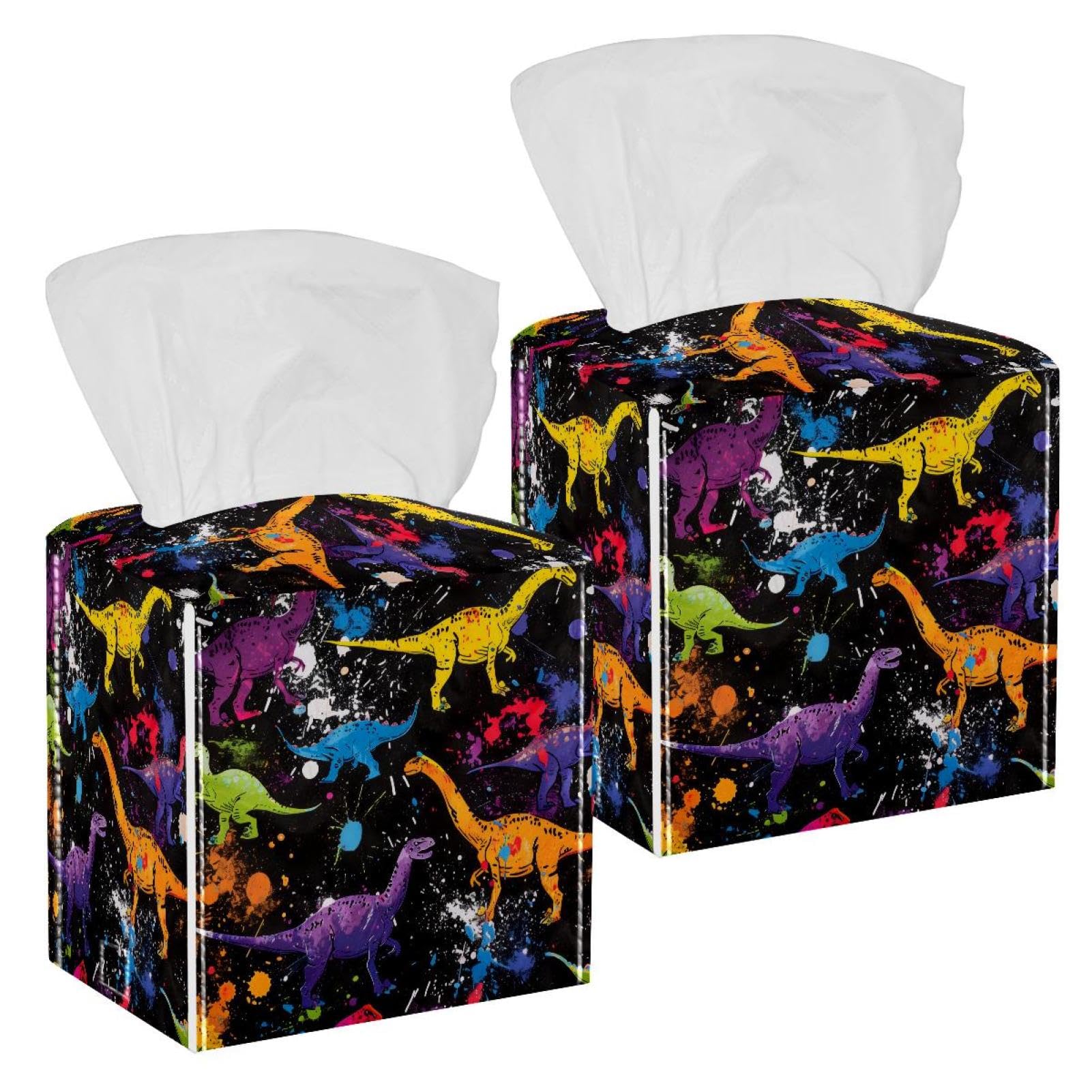 Colorful Dinosaurs Tissue Box Cover, 2 Pack PU Leather Square Facial Tissue Dispenser Box holder for Home Office Car