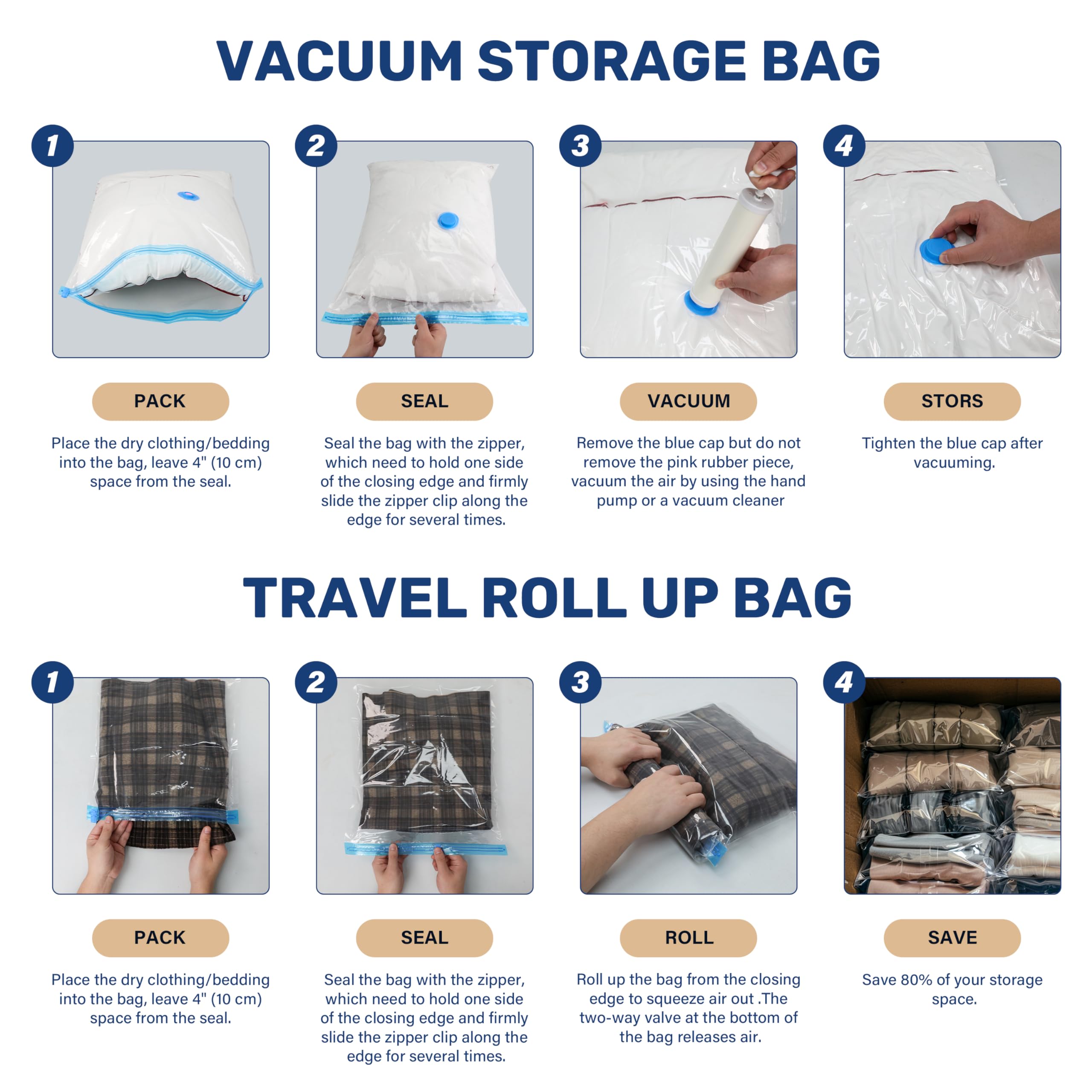 Lot de 20 sacs de rangement sous vide (4 jumbo/4 grand/4 moyens/4 petits/4 rouleaux M) sacs de rangement sous vide avec pompe à main pour couettes, couvertures, literie, oreillers et vêtements