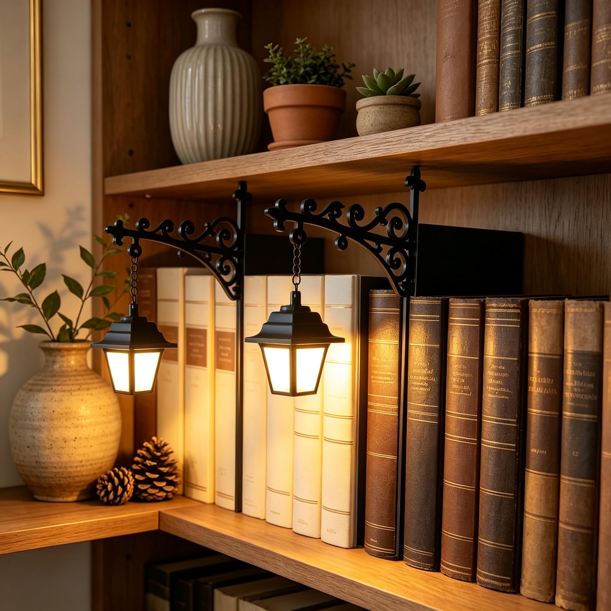 CHOUDAO Bookshelf Lamp, Vintage Library Lantern Mini Hanging LED Bookshelf Light with Bookend Base, Warm Decorative Bookshelf Lighting, Battery Powered
