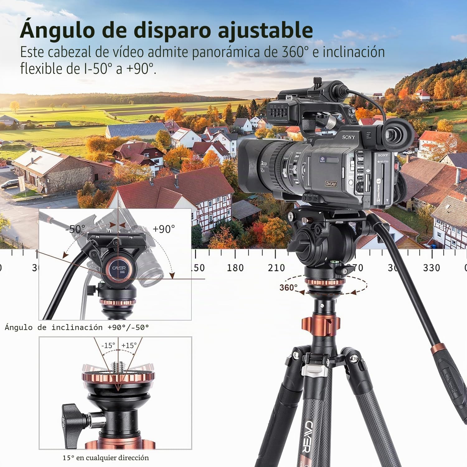 Cayer CF2451 Trípode de Video de Fibra de Carbono de 74 Pulgadas con Cabezal de Arrastre Fluido, trípode Compacto de 4 Secciones DSLR Convertible a monopié, para cámara Canon Nikon Sony DSLR