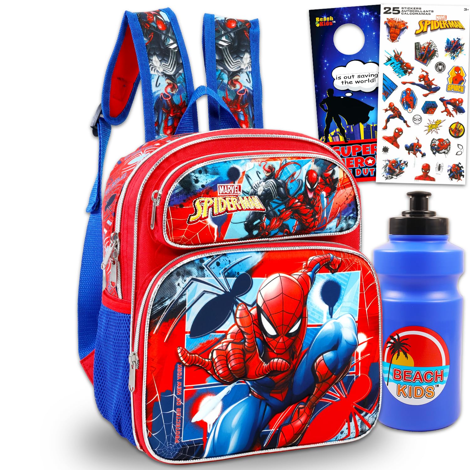 Marvel Spiderman, mini zaino per bambini – Bundle con supereroe 30,5 cm, borsa da scuola con bottiglia d'acqua, adesivi, molto altro | Borsa da viaggio per ragazzi Spiderman e Venom
