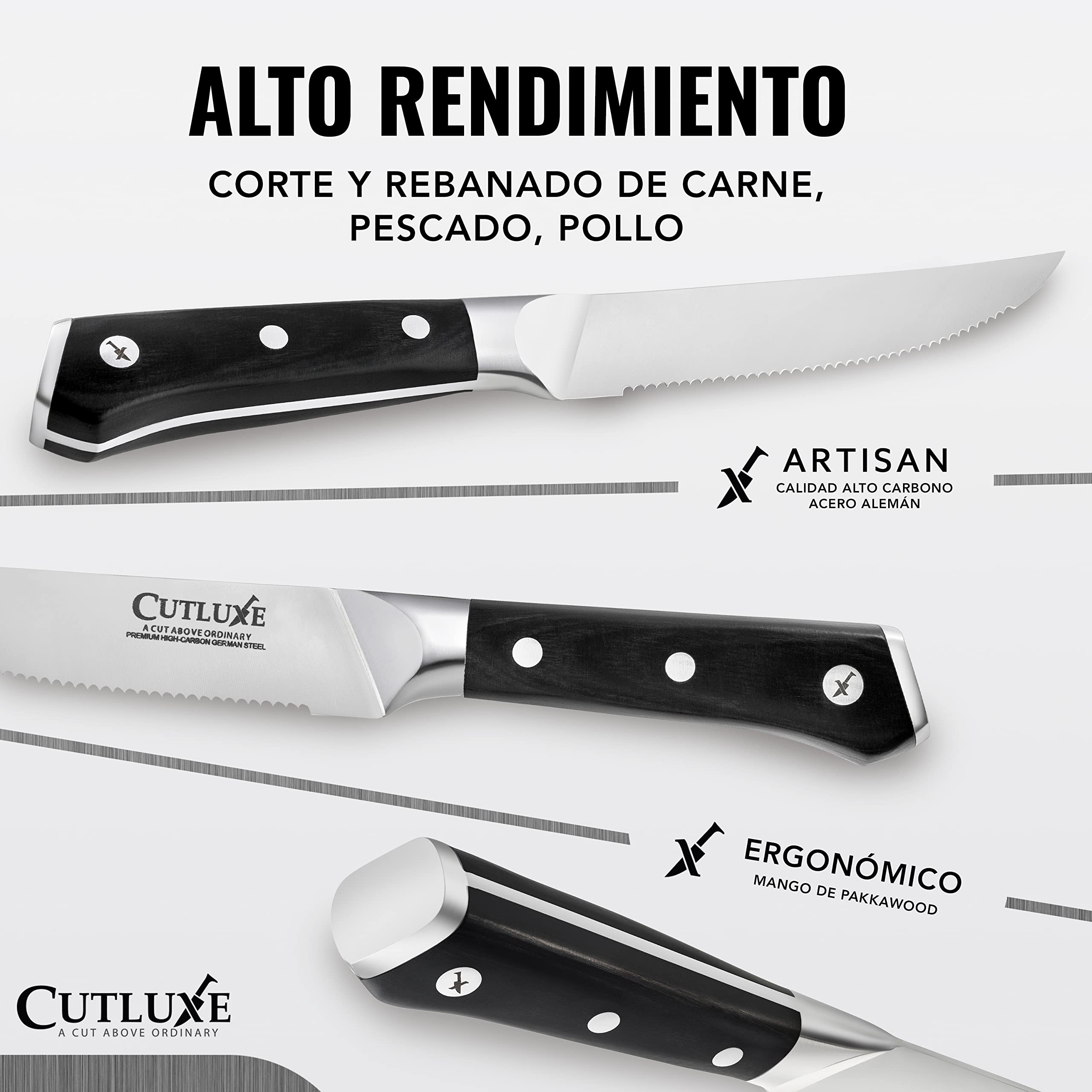 Cutluxe Cuchillos Carne – Juego de 8 Cuchillos de Mesa, Cuchillos Sierra – Acero Alemán Alto Carbono Forjado, Espiga Completa, Diseño Ergonómico Mango – Serie Artesanal