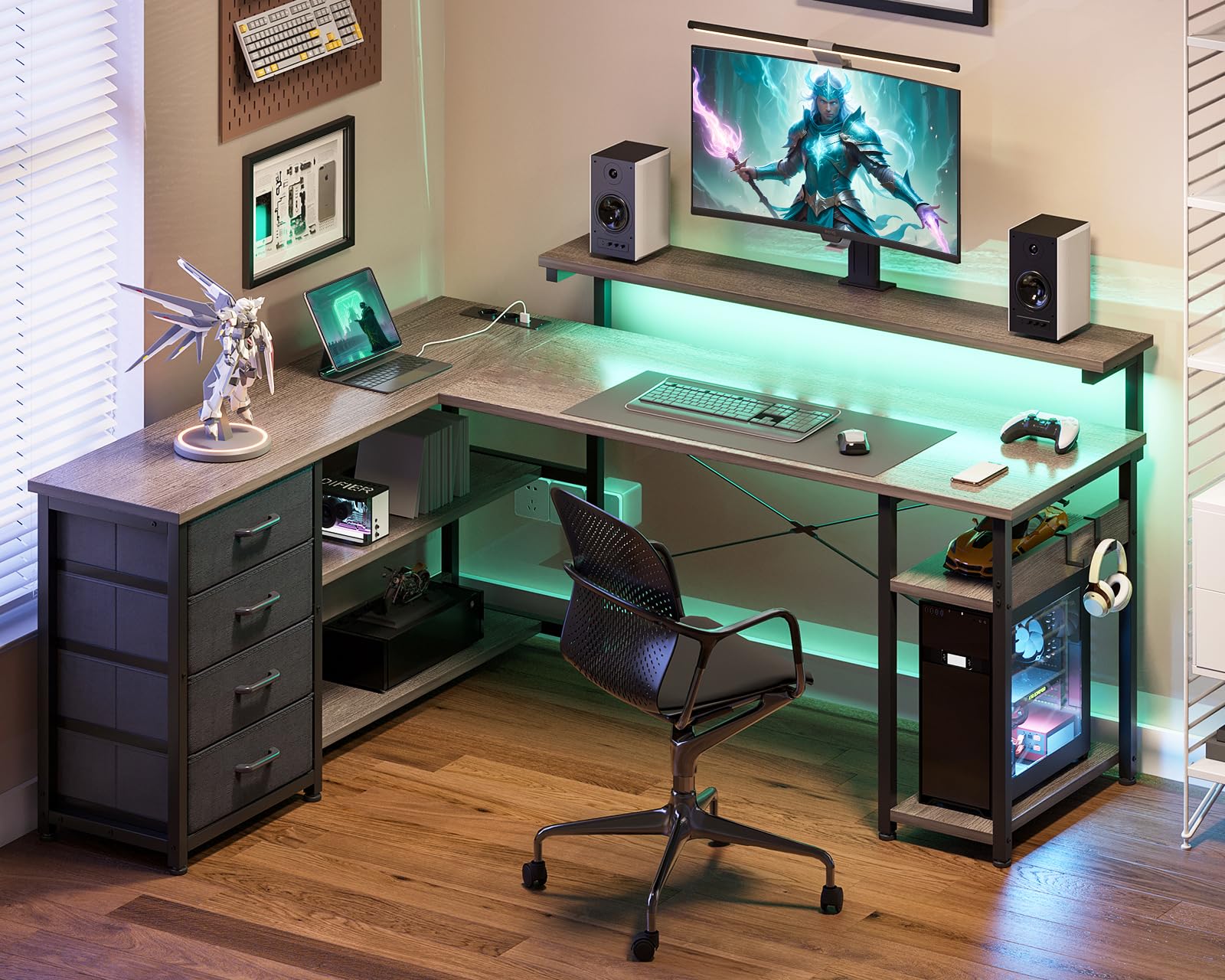 ODK Escritorio con Cajones, 155×110cm Escritorio Esquinero Reversible con 2 Enchufes y 2 Puertos USB, Mesa de Oficina en Forma de L con LED para Oficina en Casa, Roble Gris