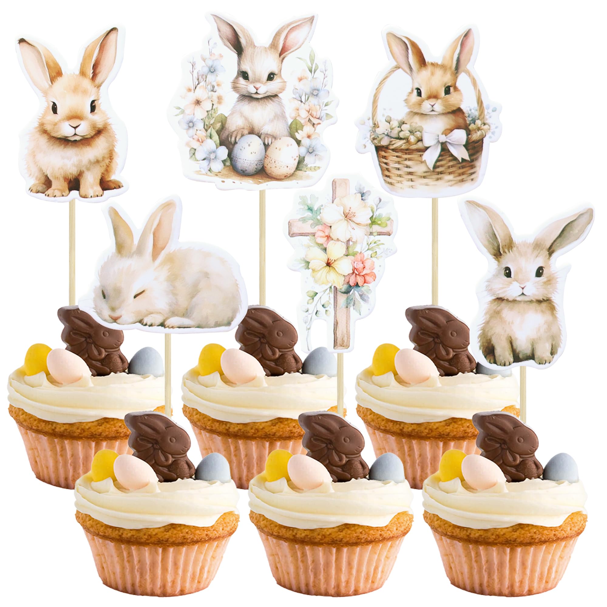 Gyufise 36Pcs Easter Cupcake Topper Watercolor Floral Easter Bunny Cupcake Picks Happy Easter Food Picks for Easter Spring Party Supplies Cake