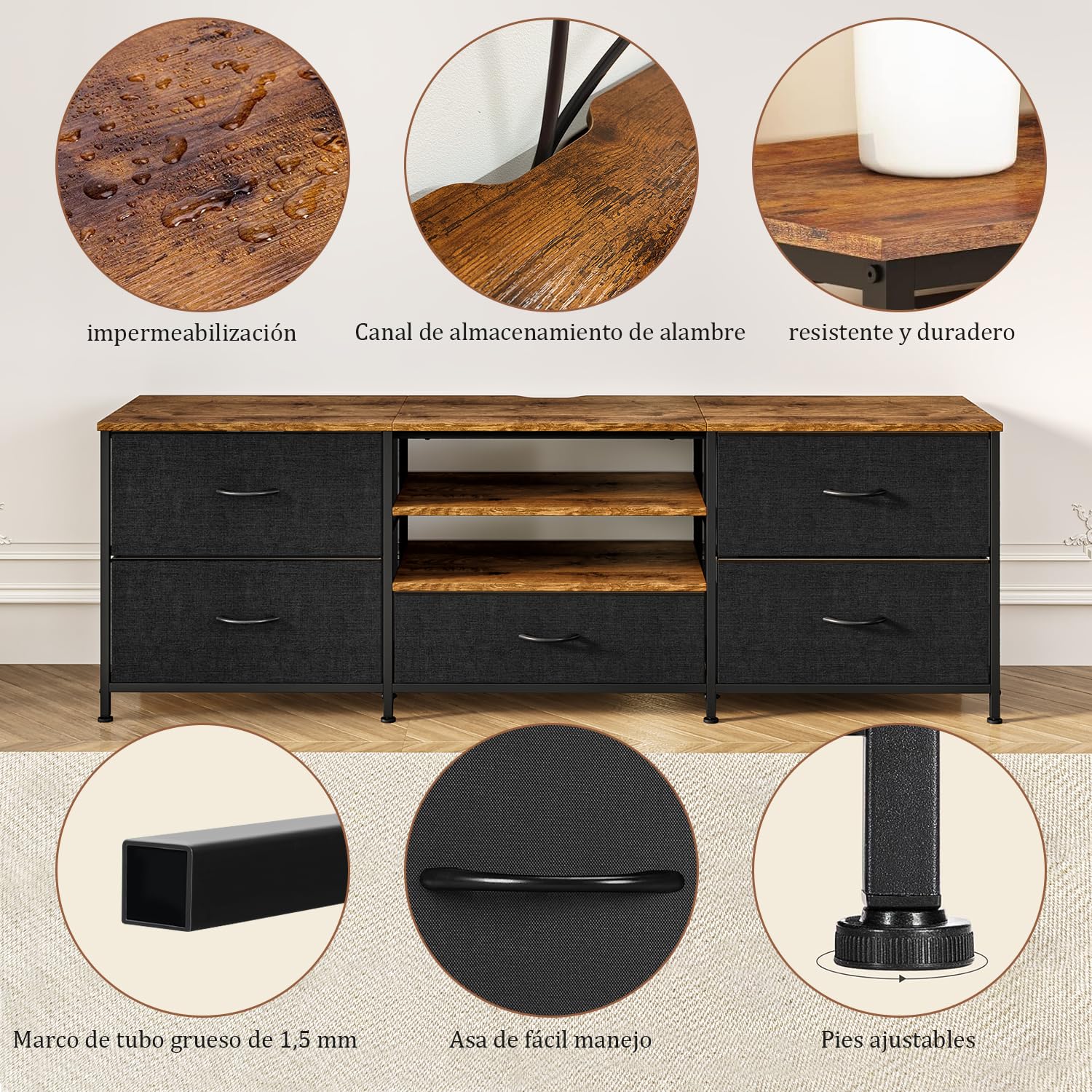 Mueble para TV con 5 Cajones para Televisores de hasta 65" | 140 × 30 × 50 cm, Negro, Mueble de salón moderno con almacenaje