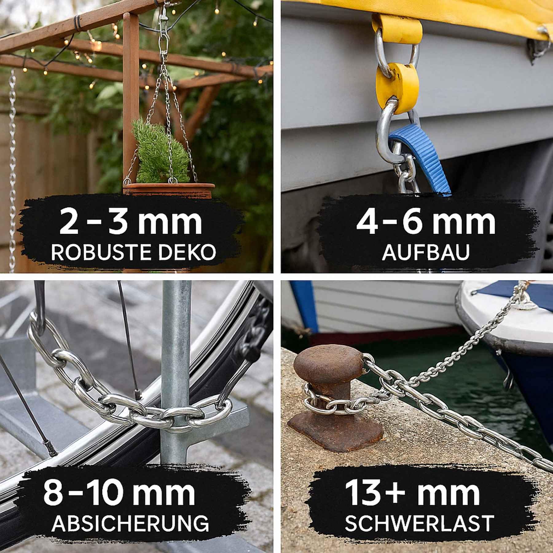 SCREW REBEL 8,0 mm starke Edelstahlkette A4 rostfrei, Gliederkette 3 m lang, kalibriert, Hebekette kurzgliedrig DIN 766, Zugkette, Rundstahlkette V4A mit 3 Meter Länge