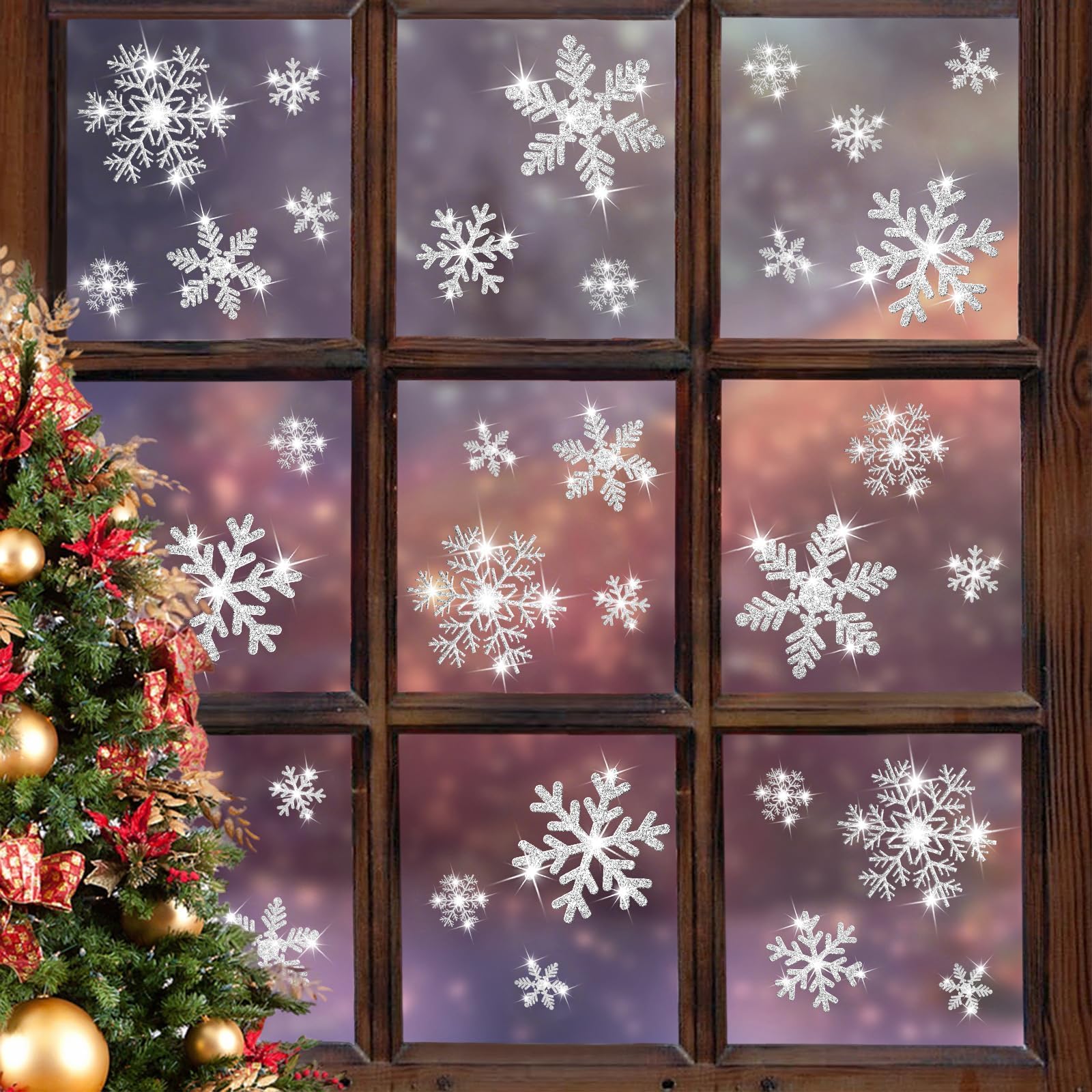 LUDILO 240 Stück Weihnachts-Fensteraufkleber, glitzernde Schneeflocken, Fensteraufkleber, statische Fensteraufkleber für Weihnachtsdekorationen, Fensterdekoration, Ornamente, Weihnachtsfeier