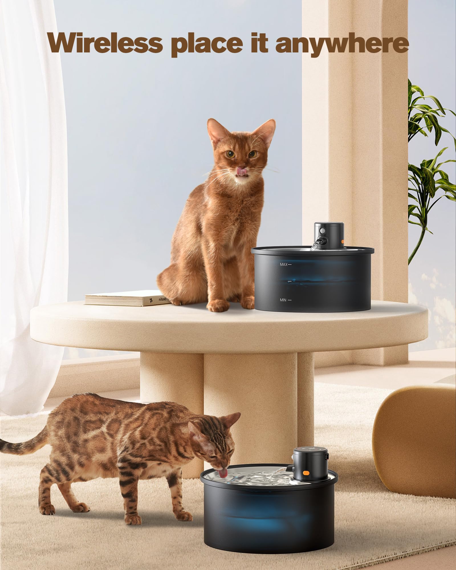 Fontana per Gatti Senza Fili di VKIMISS - Fontana d'Acqua per Gatti con 8 Filtri a Carbone + 8 Spugne - Sensore di Movimento - 3,2 L in Acciaio Inox