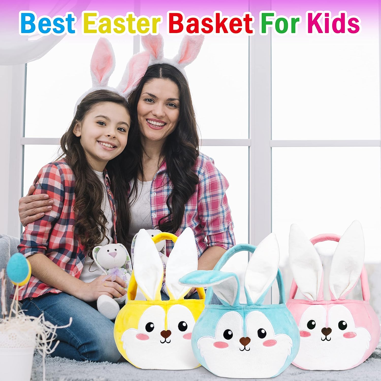 Easter Baskets 3 Pack Cute Empty Bunny Basket with Foldable Ears and Handle for Kids Boy Girl Gift, Easter Decor Set 3 Pink Blue Yellow