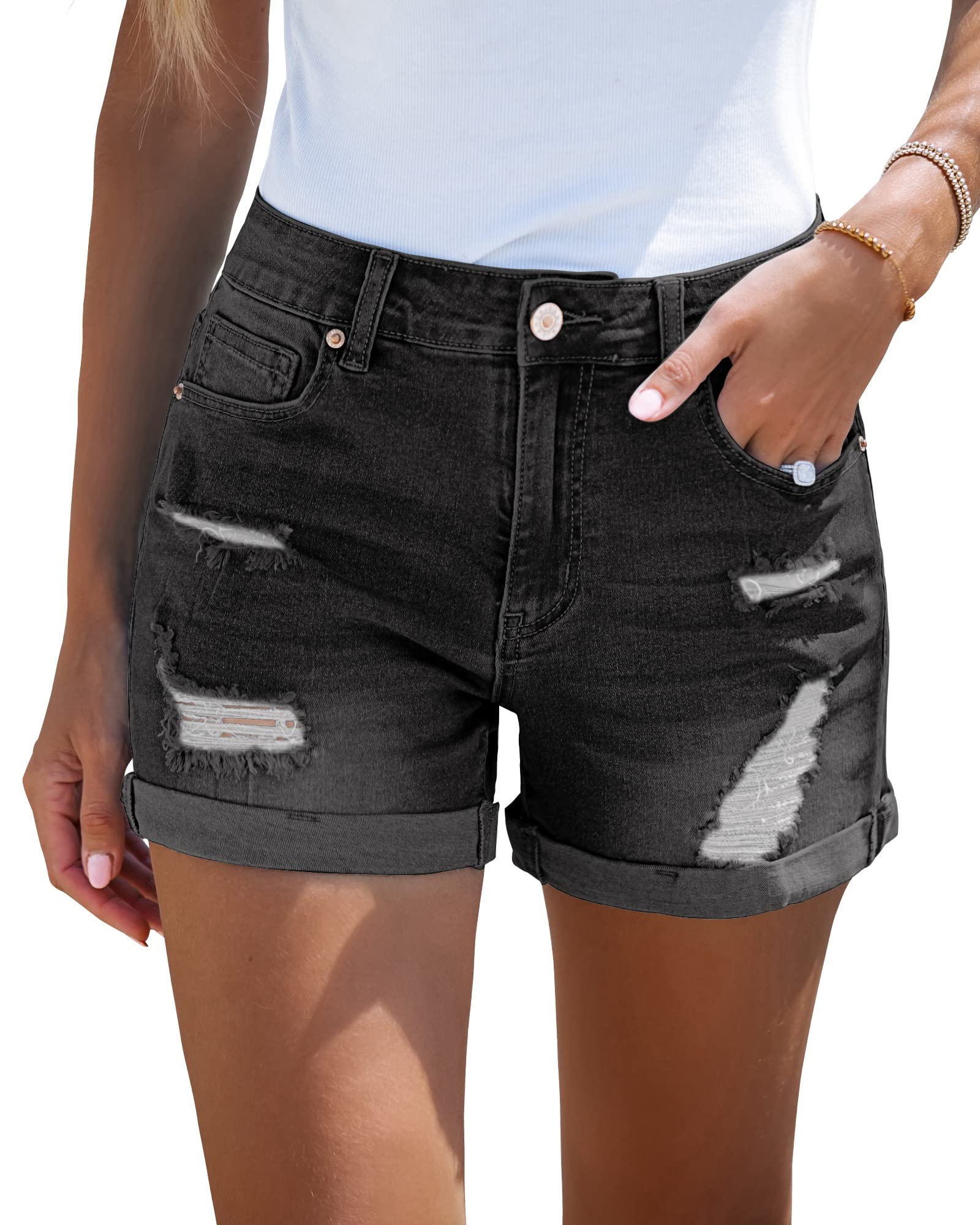 LookbookStore Women's High Waisted Rolled Hem Distressed Jeans Ripped Denim Shorts