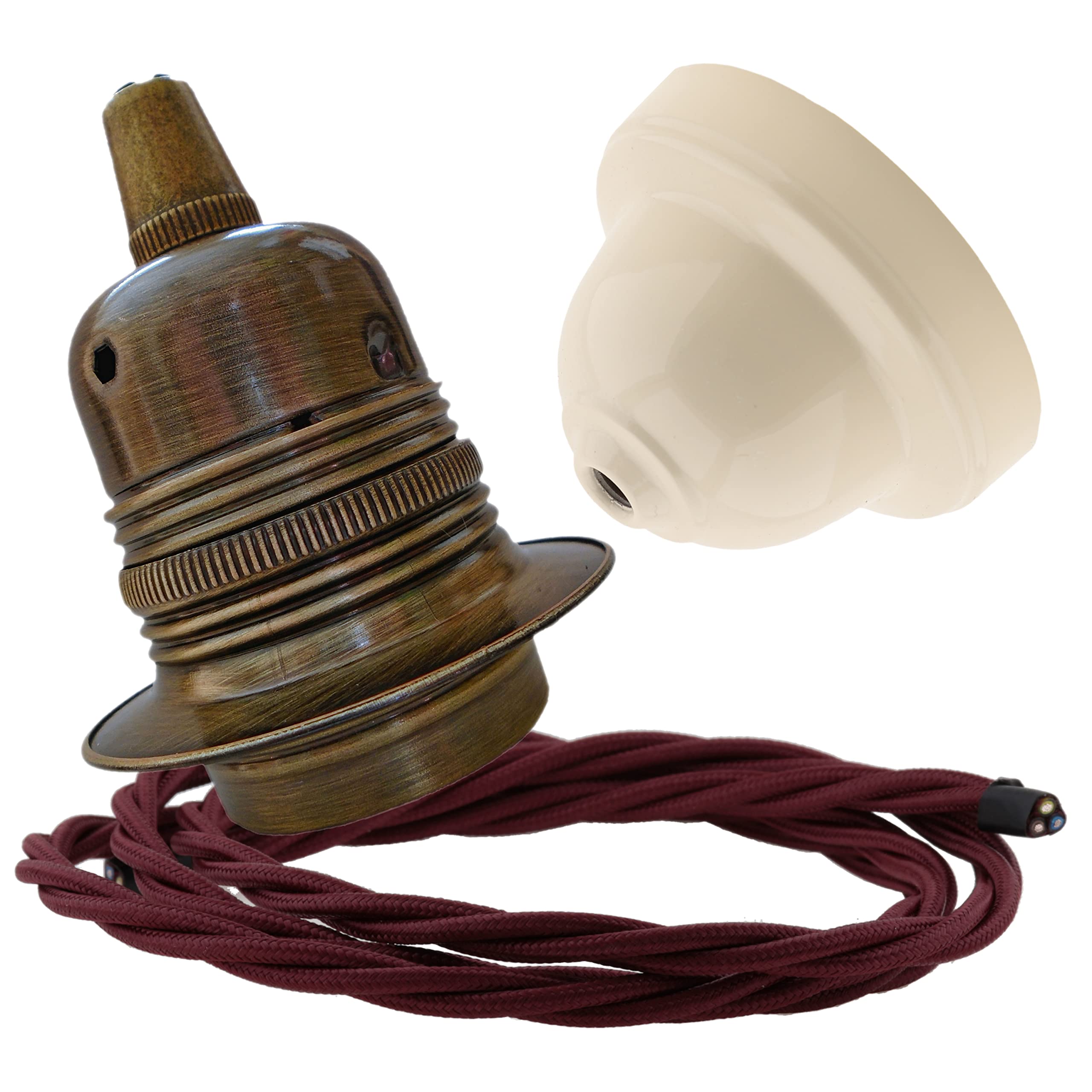 Repaireum Ltd. Pendant Kit with Ivory Bakelite Ceiling Cup E27 Antique Brass Lampholder and Rich Burgundy Flex