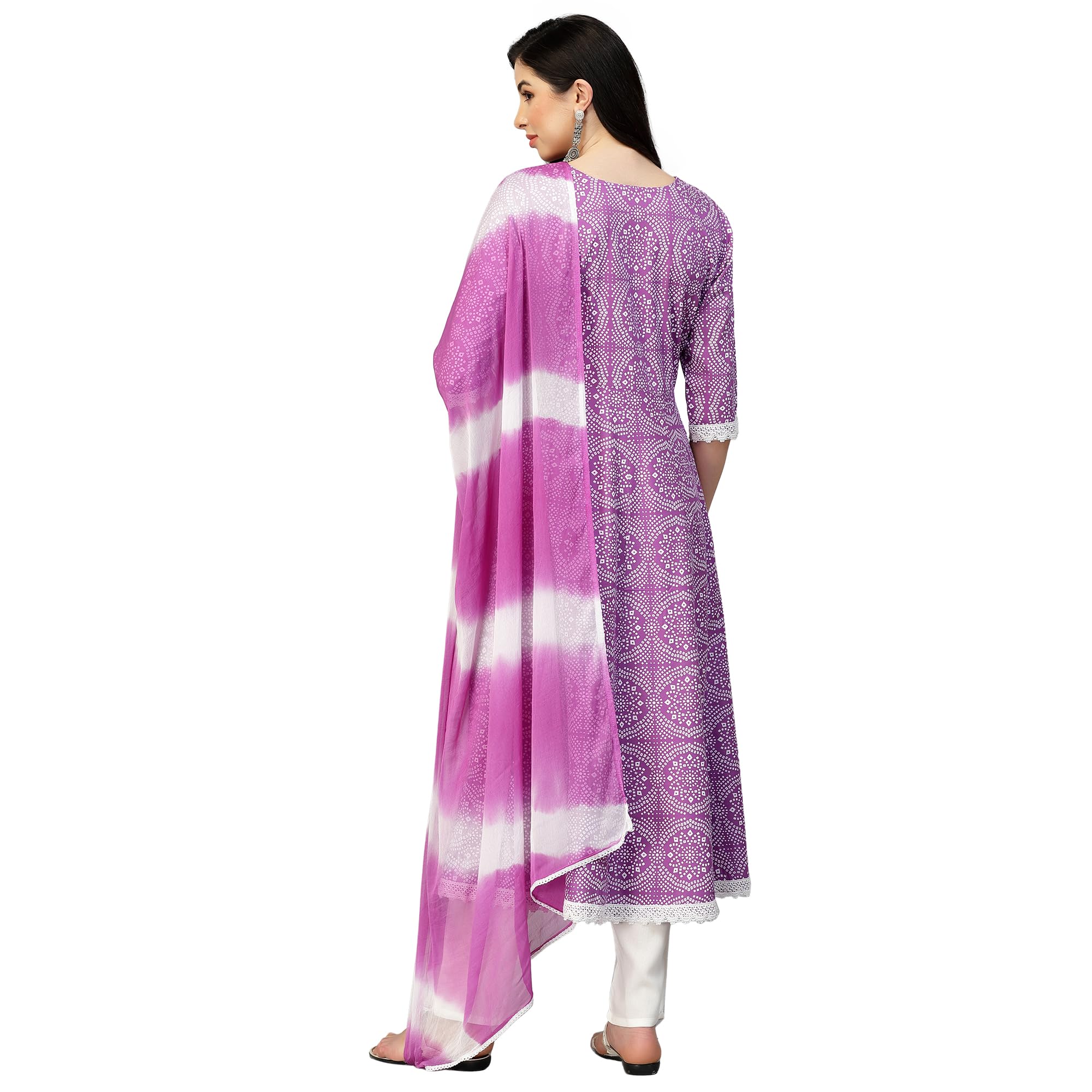 Stylum Women's Bandhej Printed & Embroidered Anarkali Kurta Pant Dupatta Set (Kpdpurplecloudy36_Purple, S)