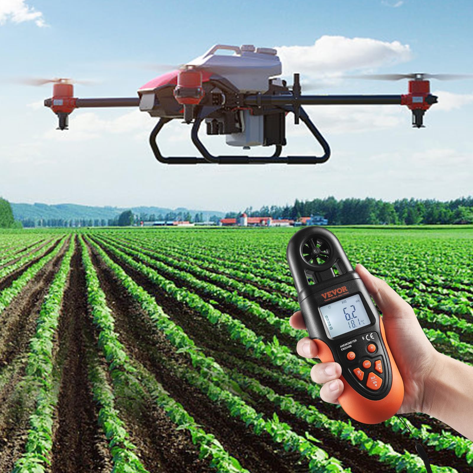 VEVOR Anémomètre Portable -10 ℃ à 60 ℃ Mesure Vitesse du Vent, Température du Vent, Flux d'Air, Refroidissement Éolien, Anémomètre Numérique avec Écran Rétroéclairé LED pour Voile Surf Drone Vol CVC
